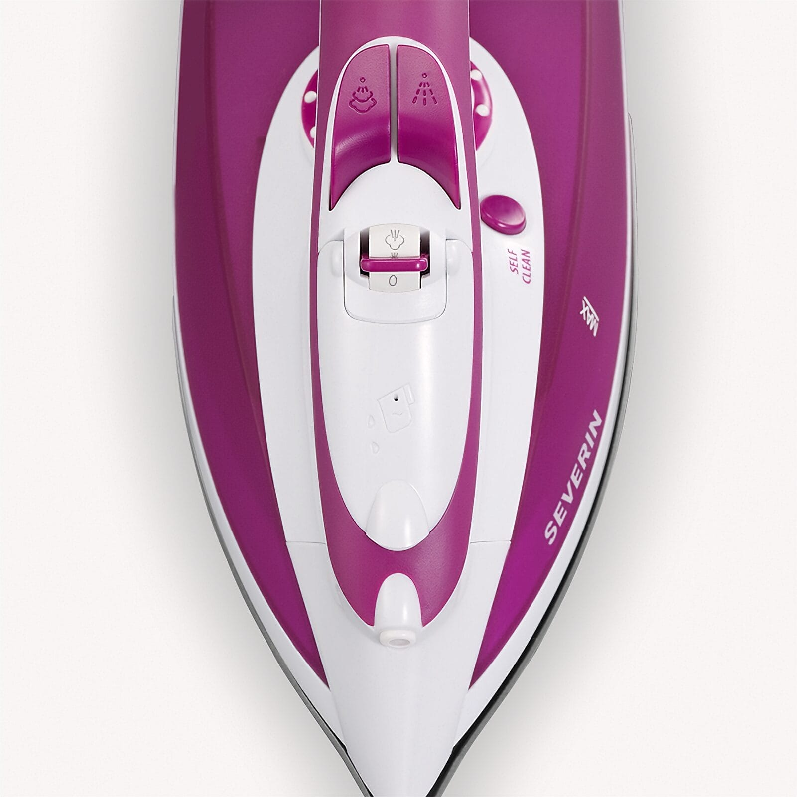 Top view of a purple and white steam iron, showing controls and the brand name.