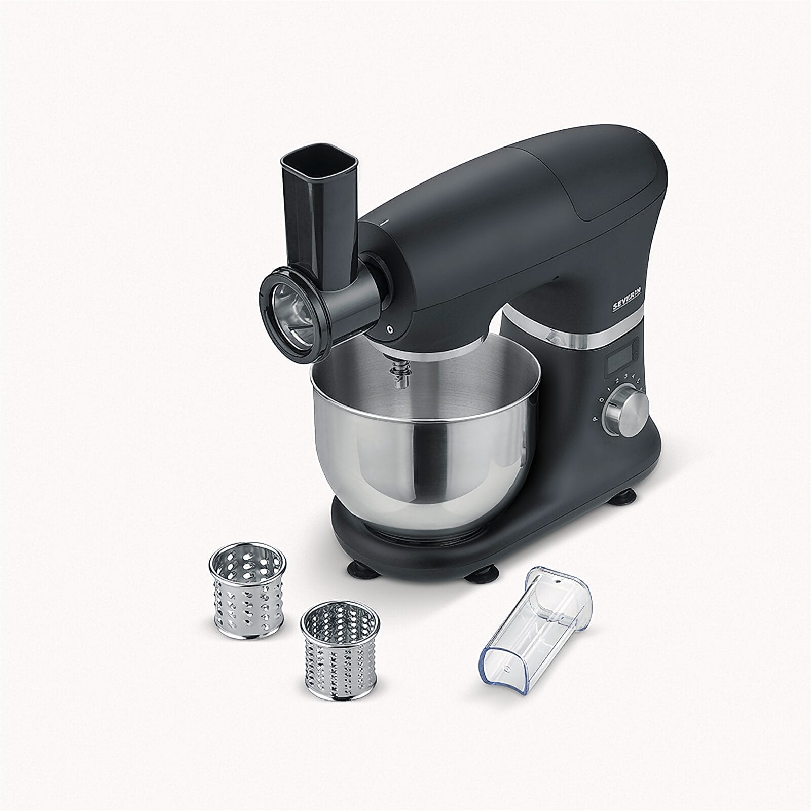 Schwarzer Küchenmixer mit Edelstahlschüssel und Zubehör wie Reiben.
