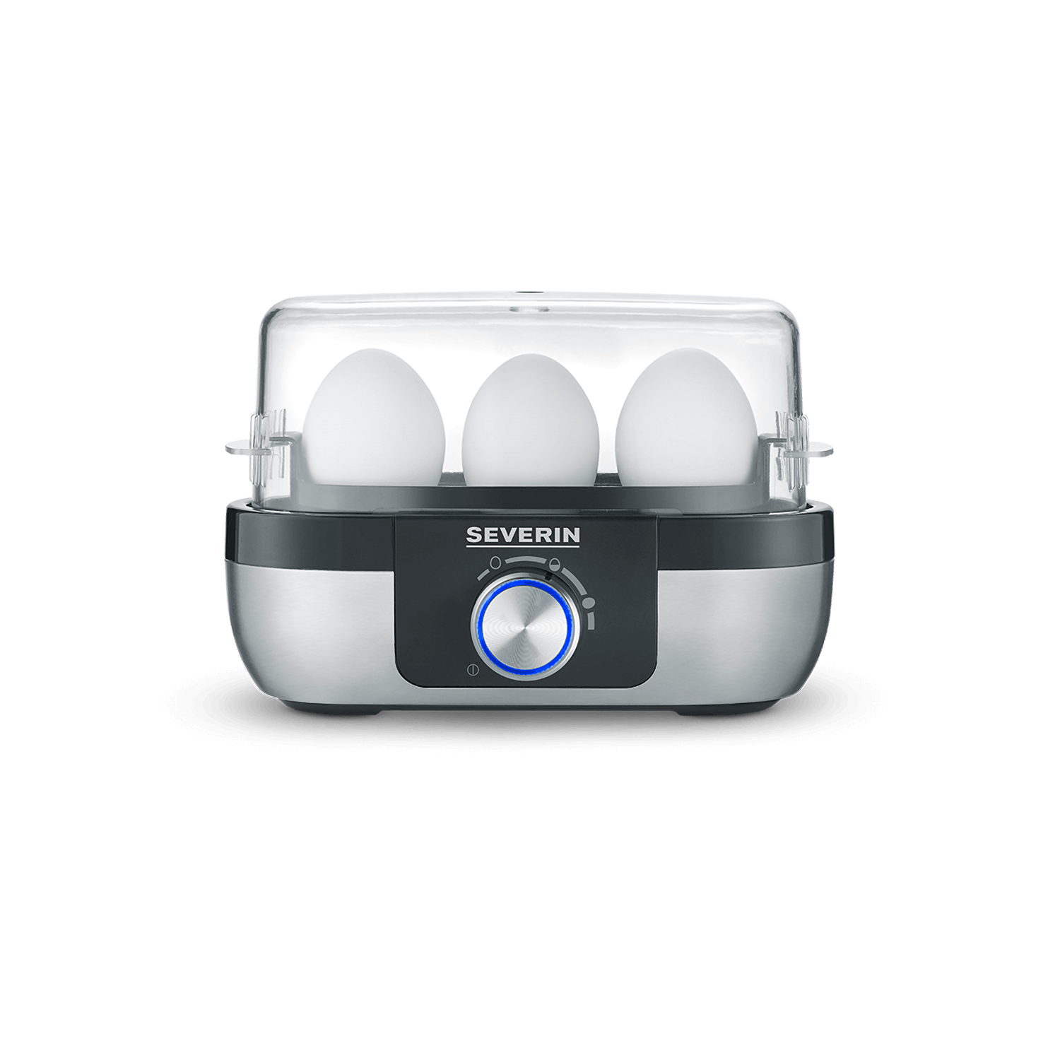 Srebrno-czarna wyparzarka do jajek z trzema białymi jajkami pod przezroczystą pokrywą.