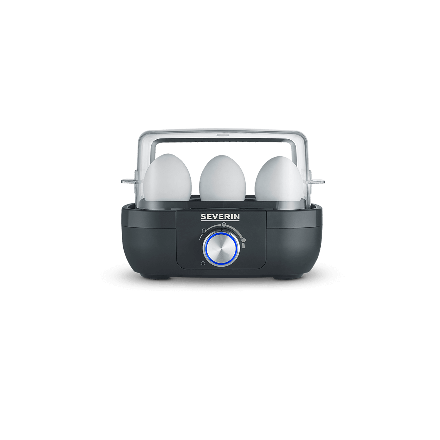 Szara wyparzarka do jajek z trzema białymi jajkami pod przezroczystą pokrywą.