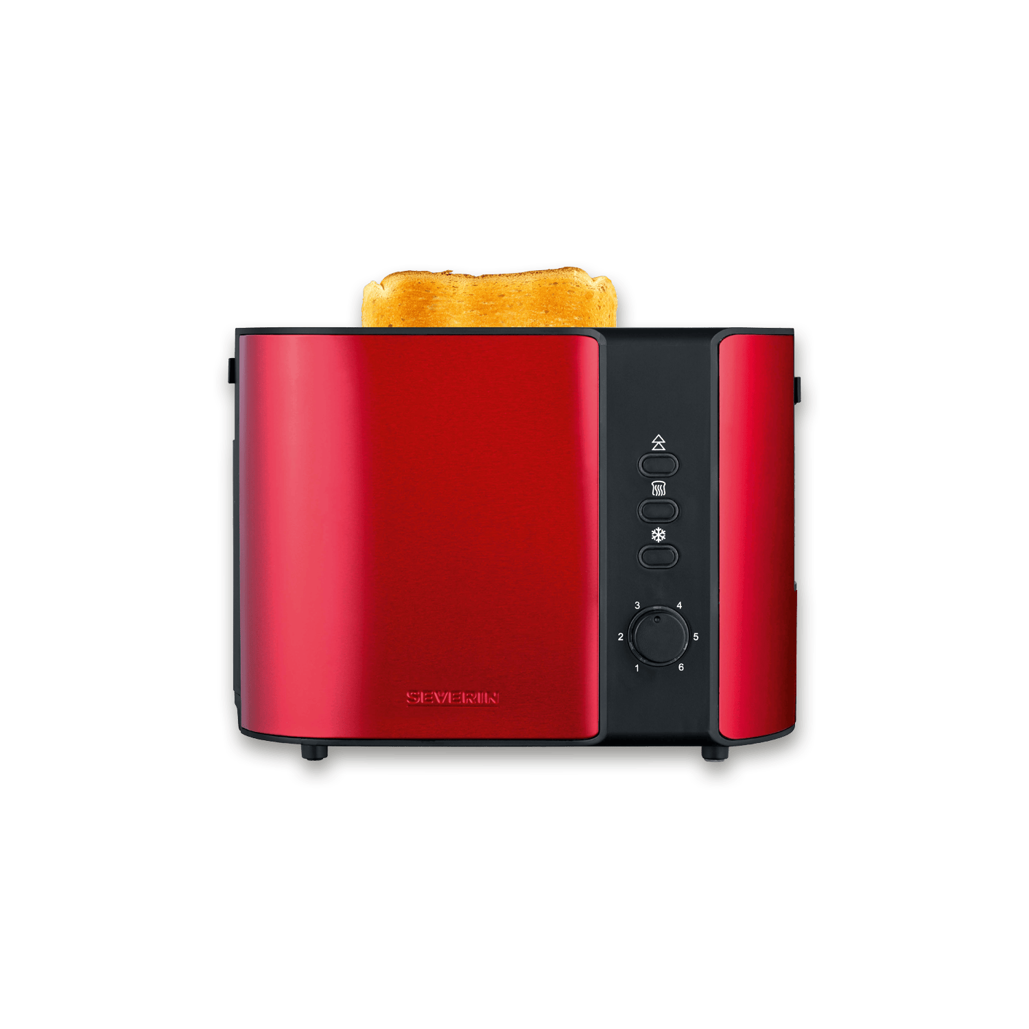 Een rode broodrooster met een sneetje toast erop.