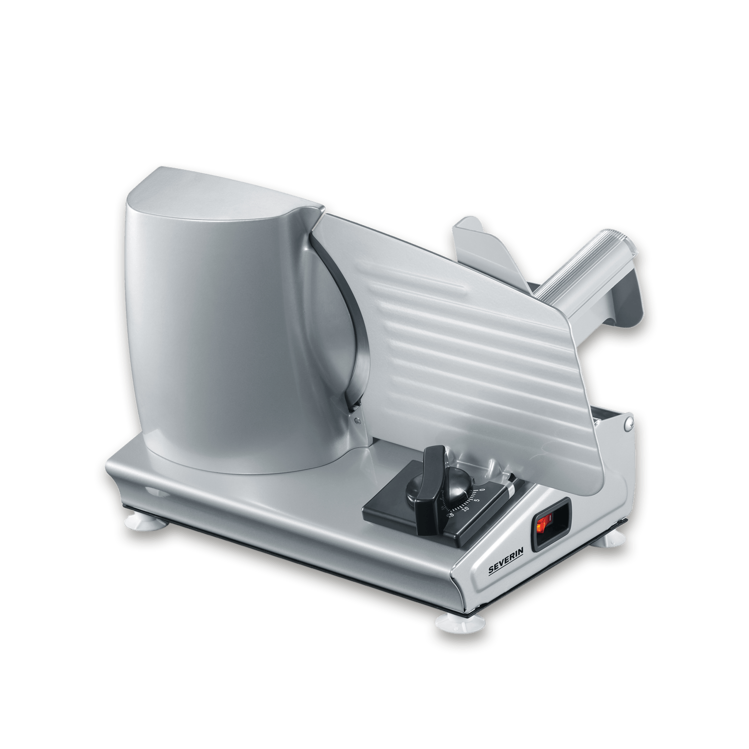 Srebrna elektryczna krajalnica uniwersalna z czarnym pokrętłem i czerwonym przełącznikiem.