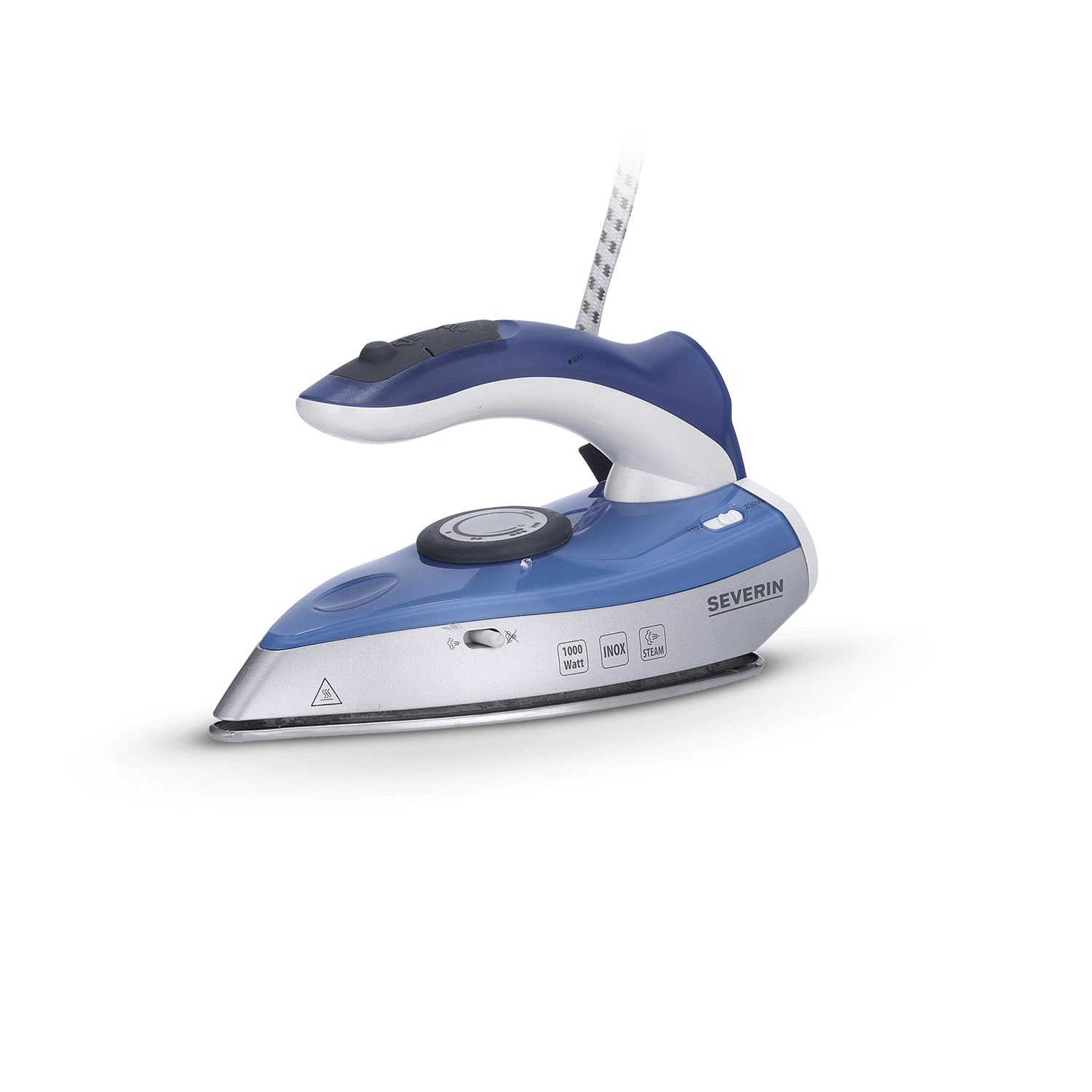 A blue and silver steam iron rests on a black background.