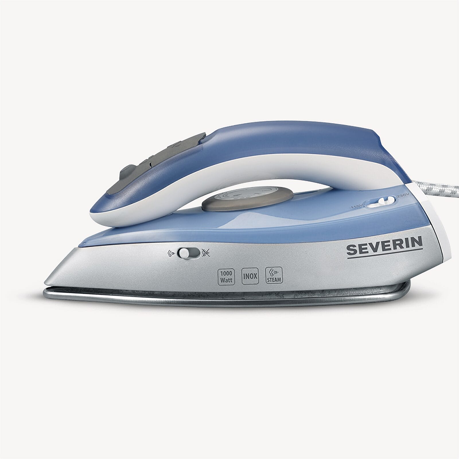 A blue and silver Severin steam iron with controls.