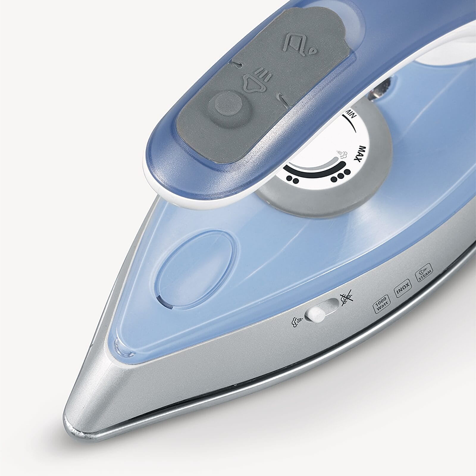 Close-up of a blue and silver iron showing controls and water tank opening.