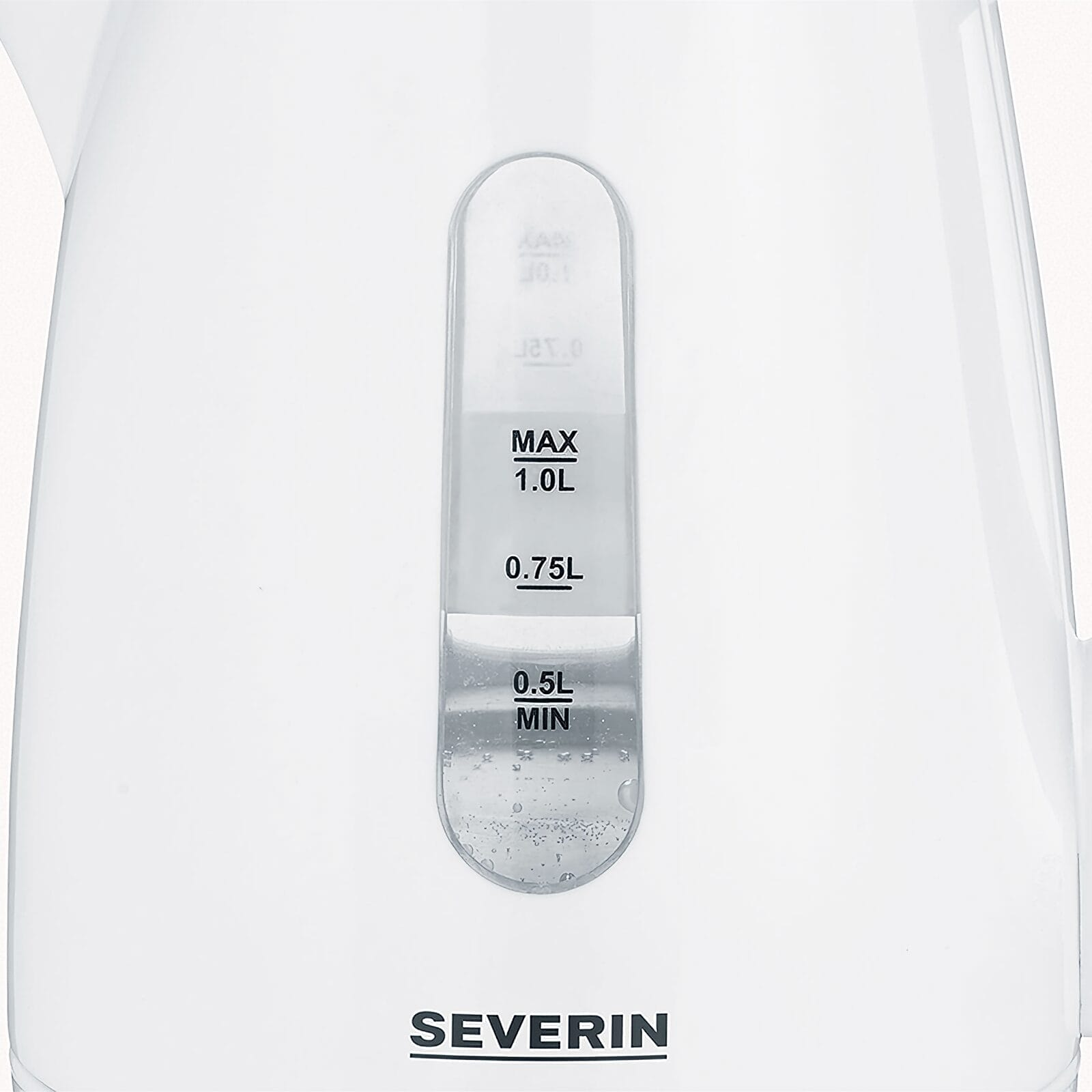 Ein weißer Wasserkocher mit Wasserstandsanzeige von 0,5L bis 1,0L.