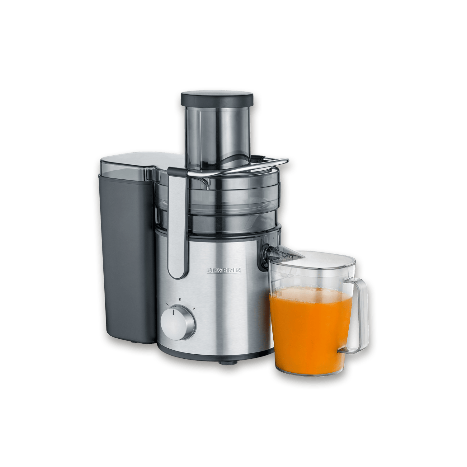 Spremiagrumi argento con raccoglitore polpa grigio scuro e caraffa succo arancia.