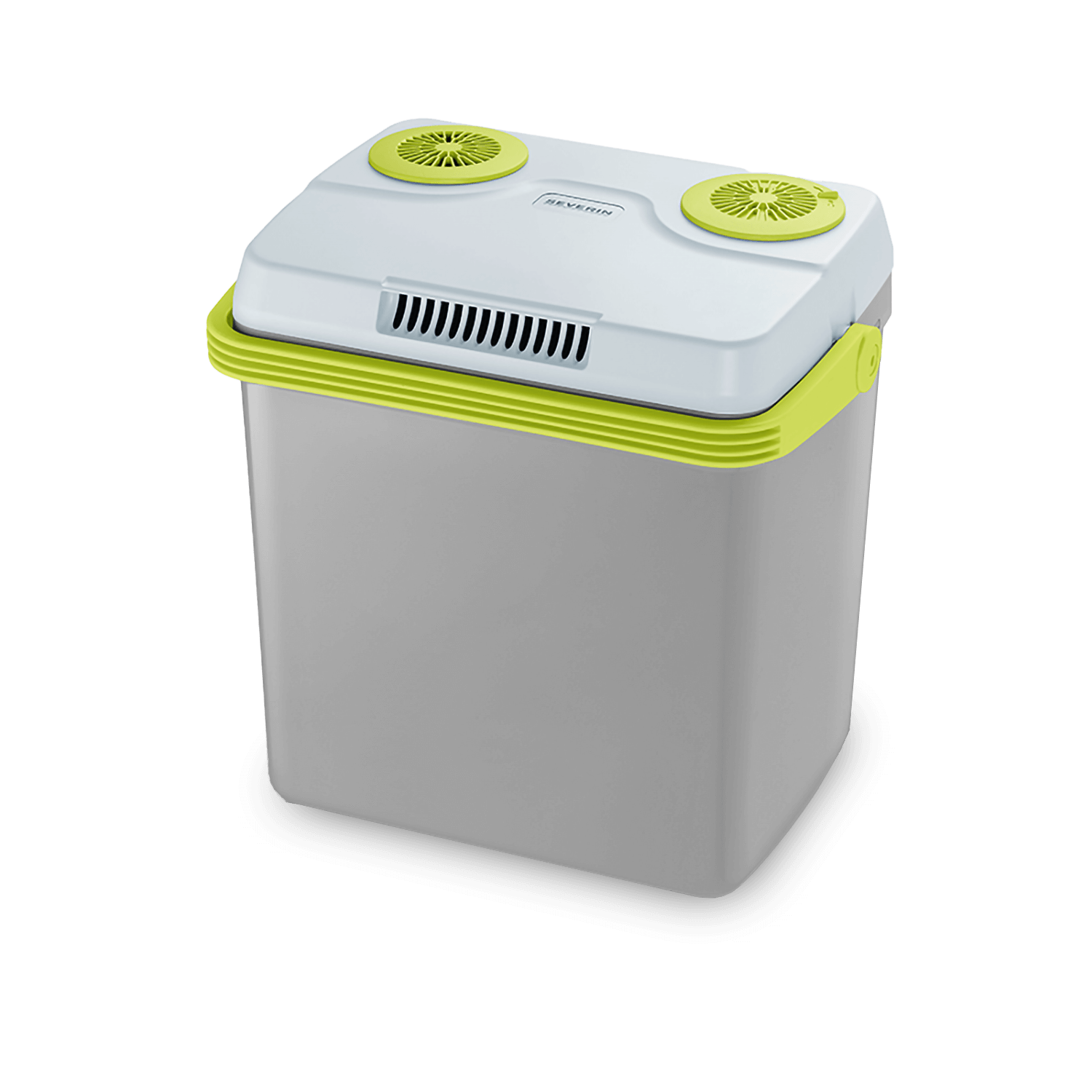 Szara lodówka turystyczna z białym wieczkiem, żółtymi otworami wentylacyjnymi i uchwytem.