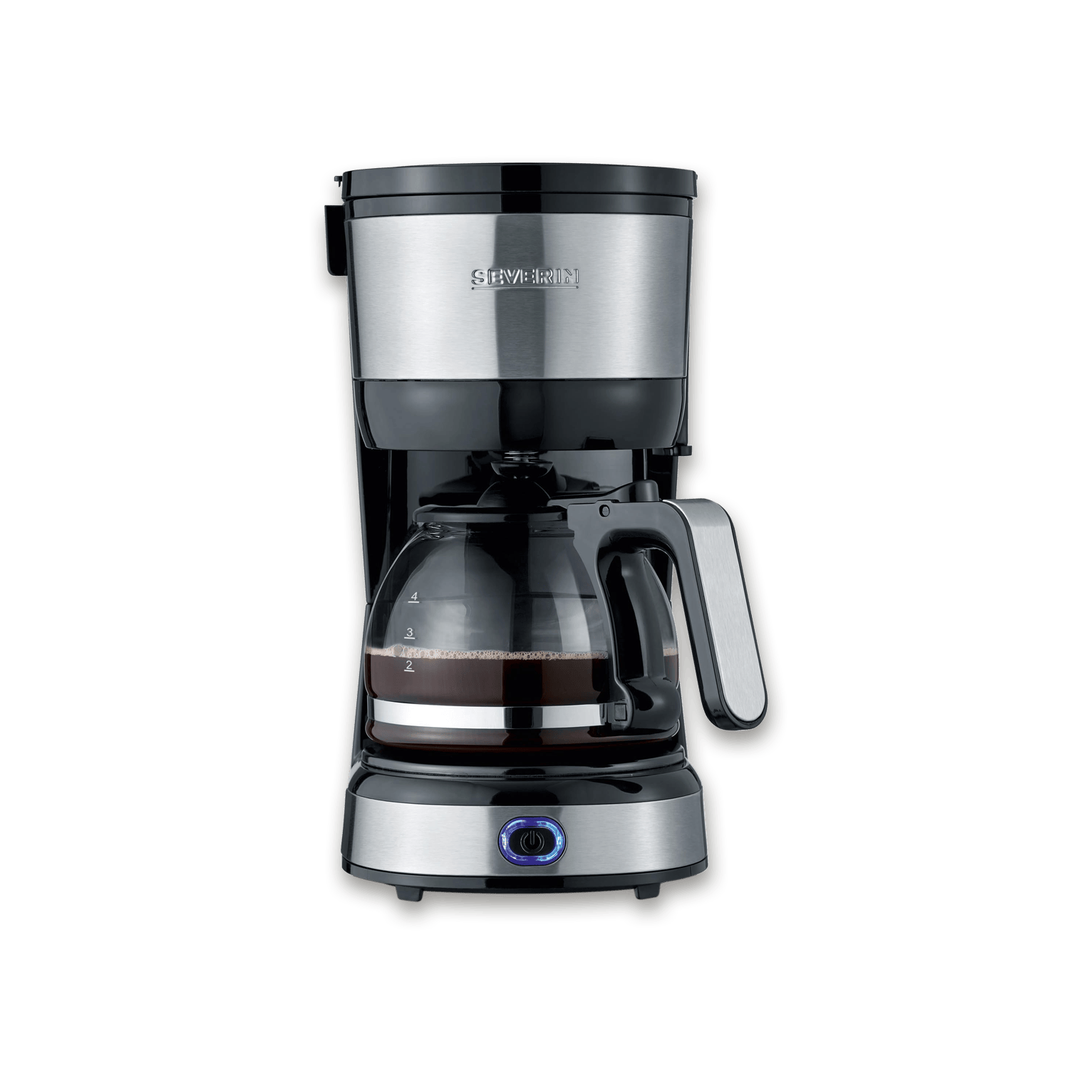 Czarno-srebrny ekspres do kawy ze szklanym dzbankiem wypełnionym kawą.