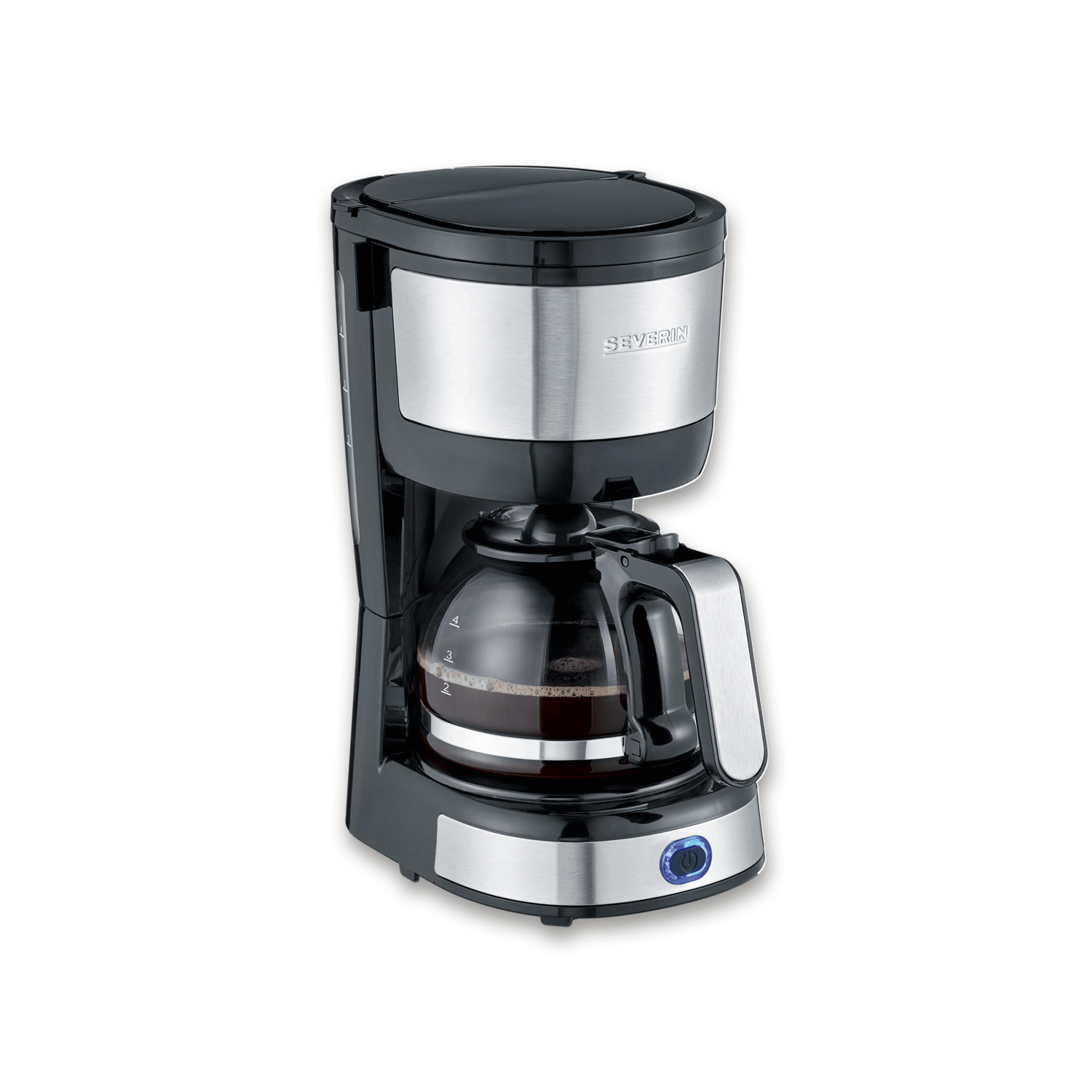 Czarny ekspres do kawy z metalu i plastiku ze szklanym dzbankiem.