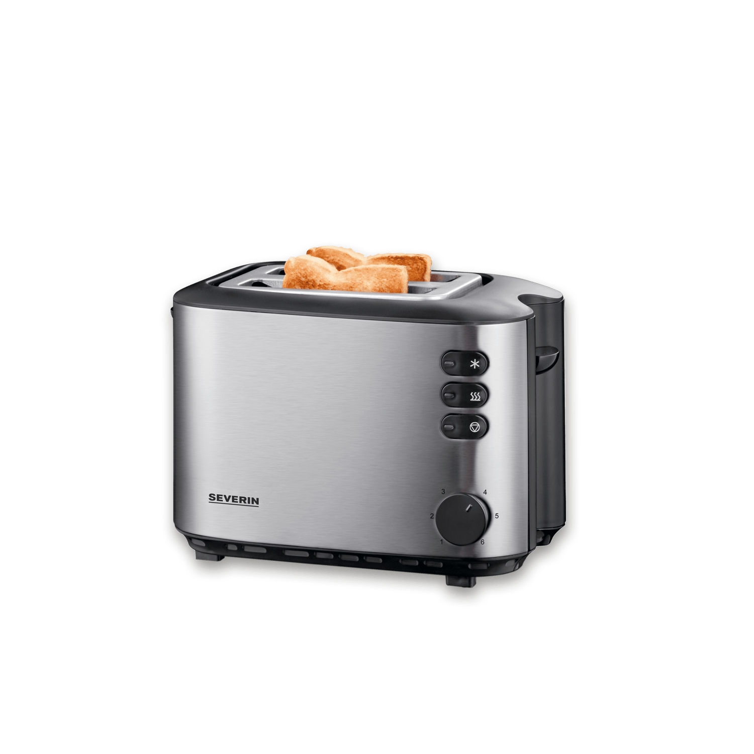 Srebrny toster z trzema kromkami tostów i przyciskami sterowania.