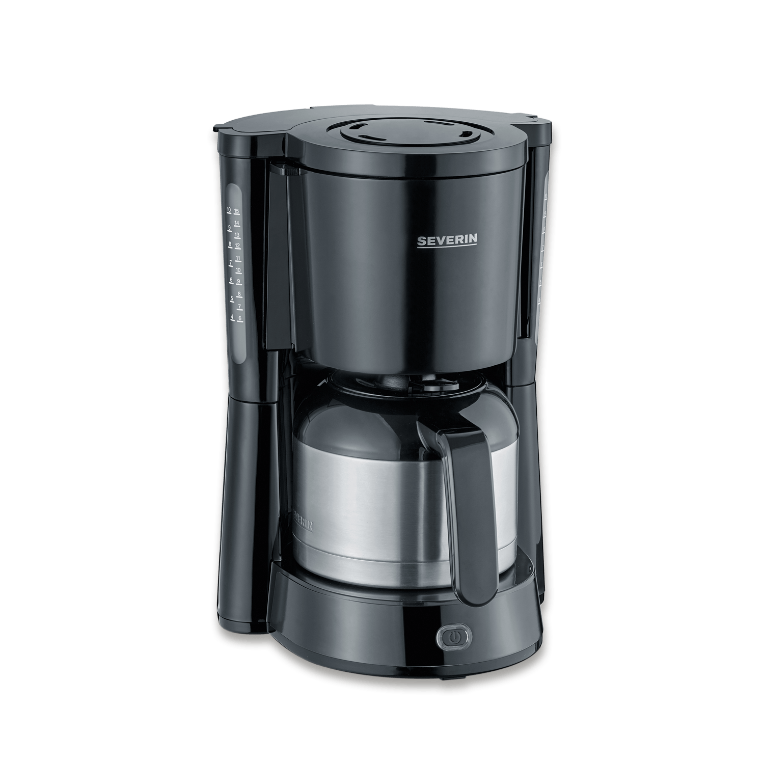 Czarny ekspres przelewowy z dzbankiem szklanym i wskaźnikiem poziomu wody.