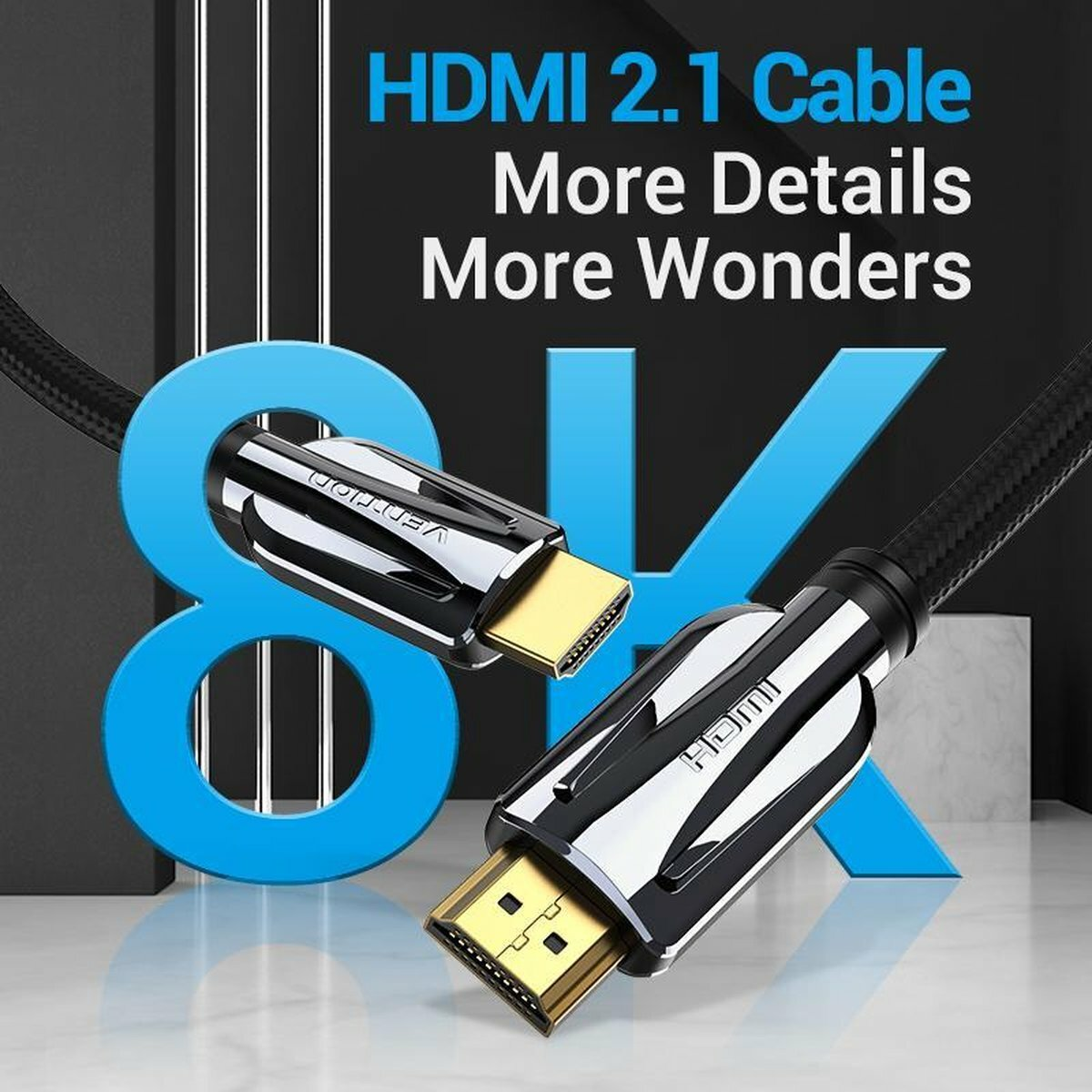 Cable HDMI 2.1 con conectores dorados y texto 8K.