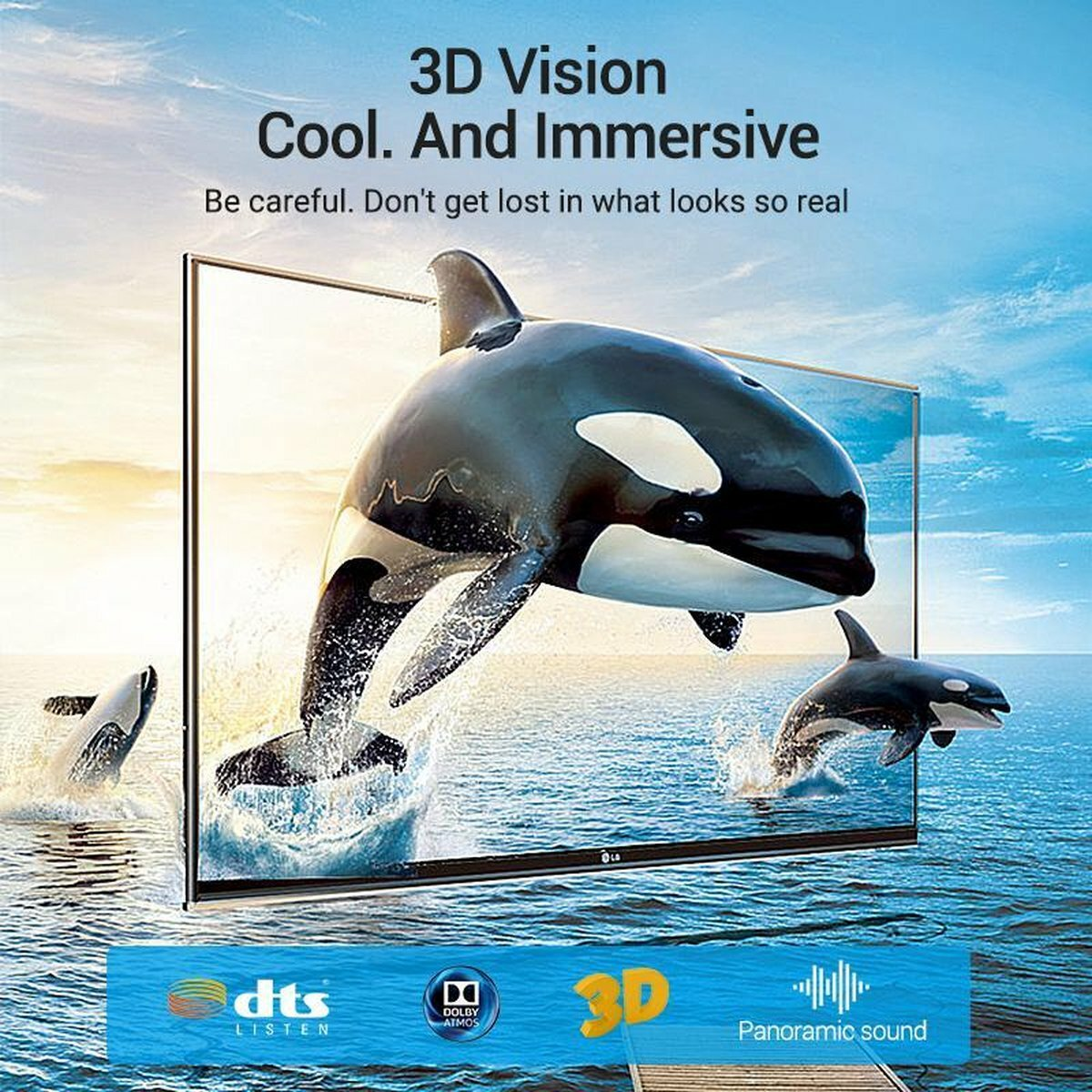 Orcas saltan del agua en una pantalla de televisión que muestra visión 3D.
