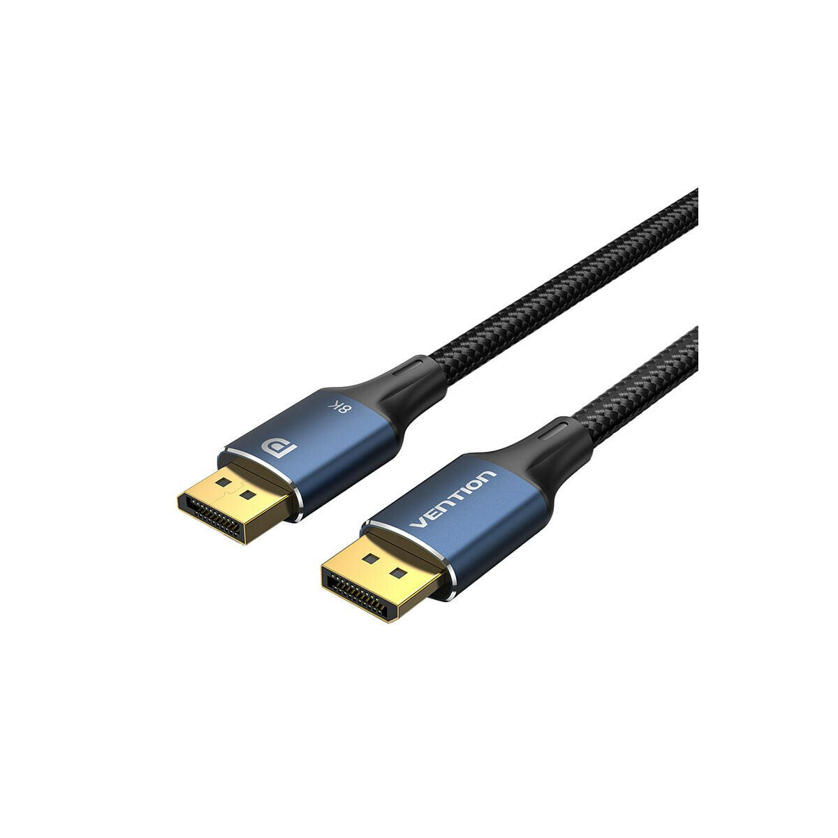 Ein blaues DisplayPort-Kabel mit goldenen Anschlüssen und schwarzem Gewebemantel.