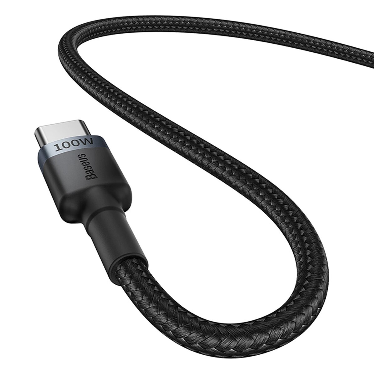 Czarny kabel USB-C z oznaczeniem 100W i logo Baseus.