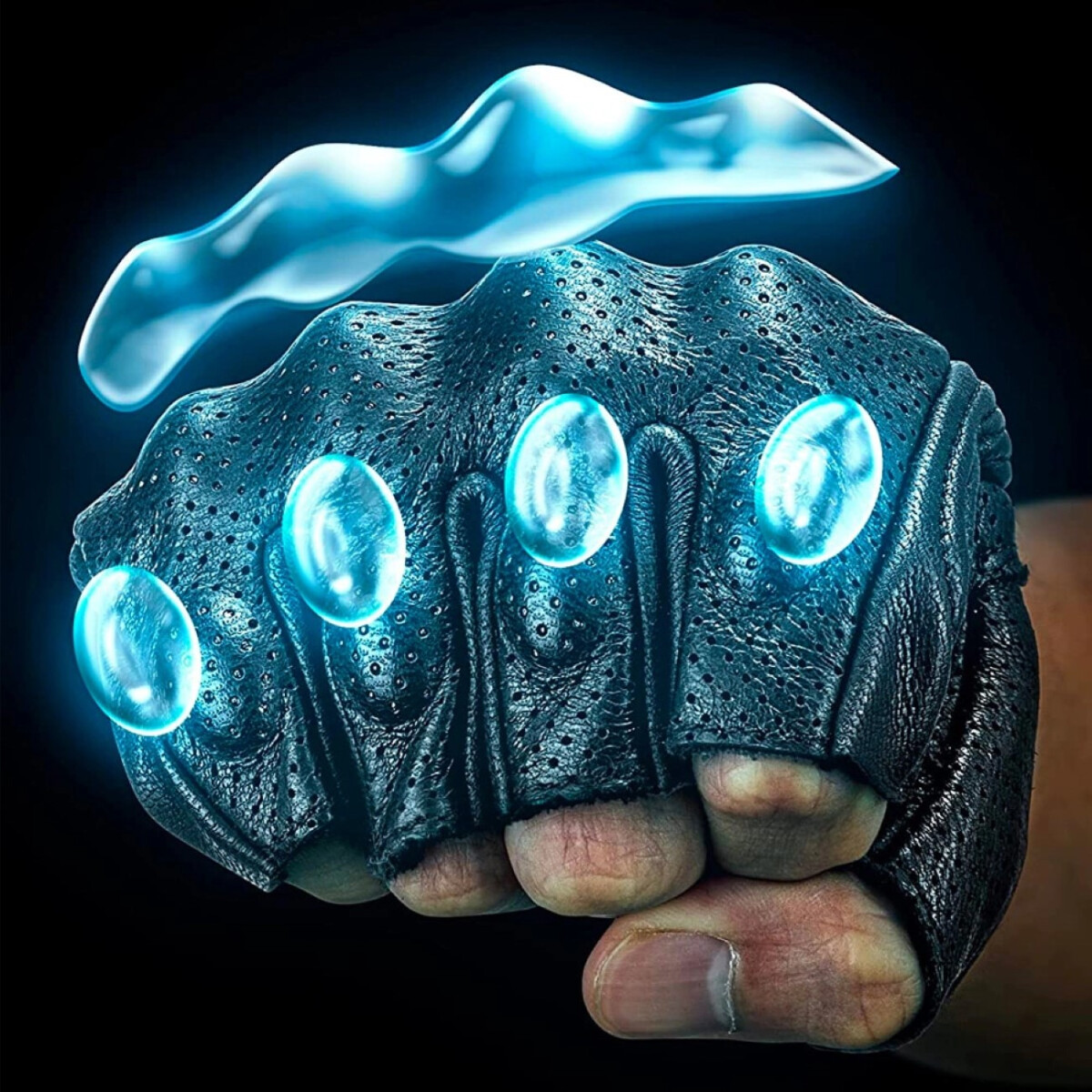 Ein schwarzer taktischer Handschuh mit leuchtenden blauen Kugeln und einer blauen Wellenform darüber.