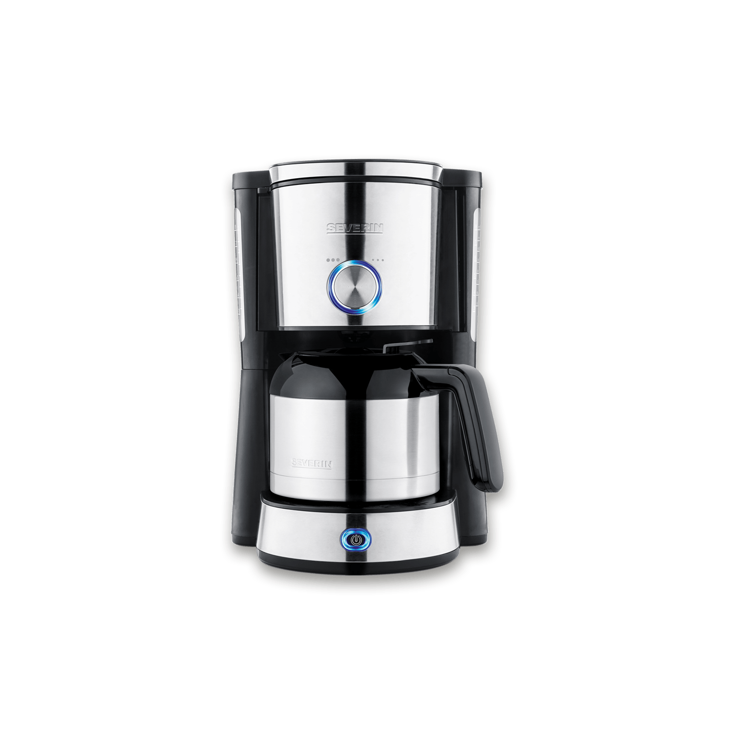 Srebrno-czarny ekspres do kawy z dzbankiem termicznym i niebieskim światłem.