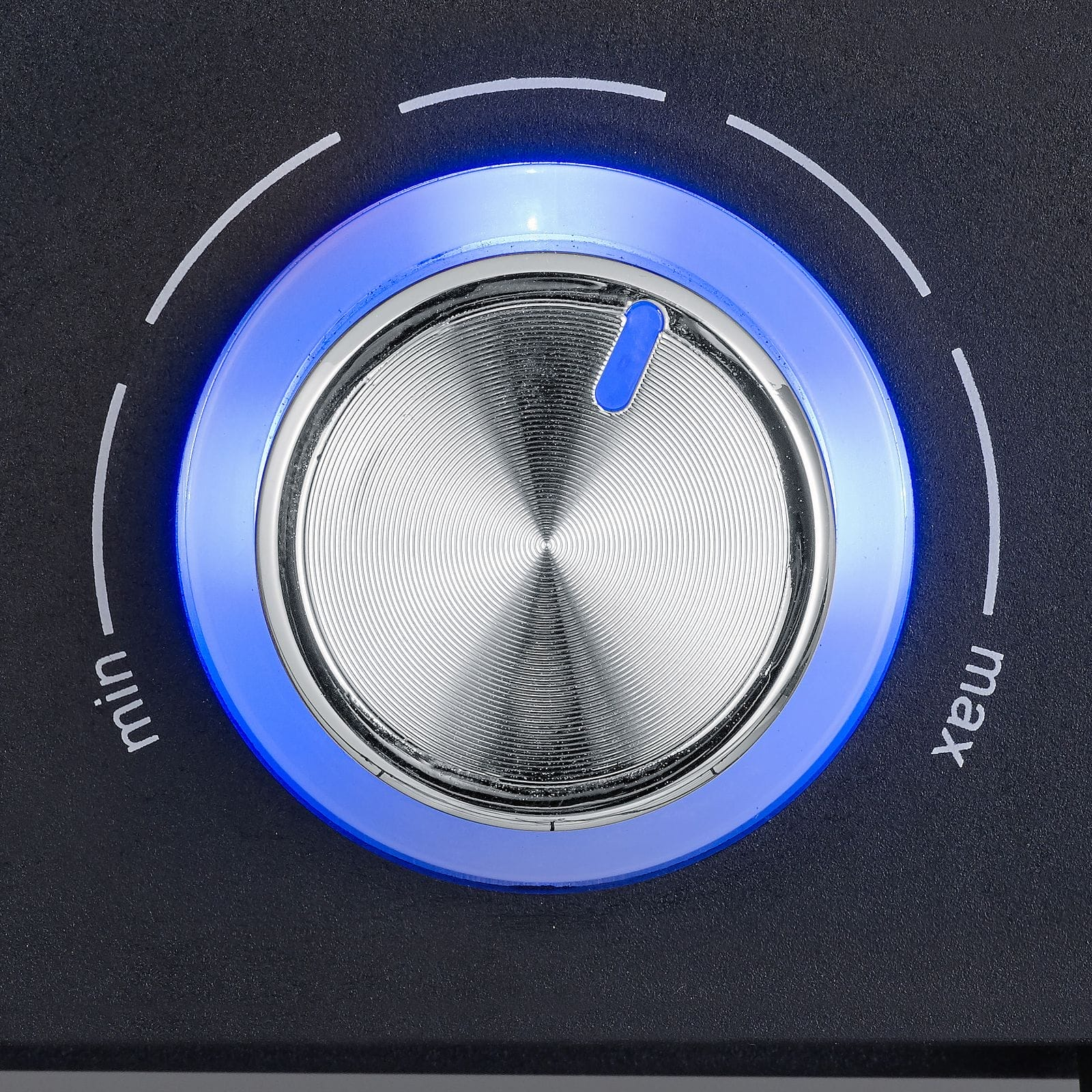 Close up of a blue illuminated knob with min/max indicators.