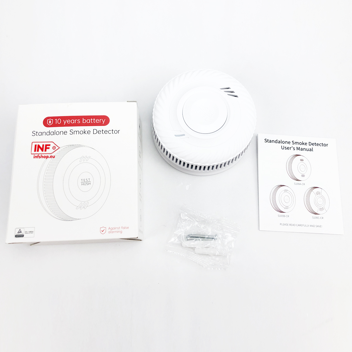 Czujnik dymu z baterią 10-letnią, instrukcją obsługi i mocowaniem.
