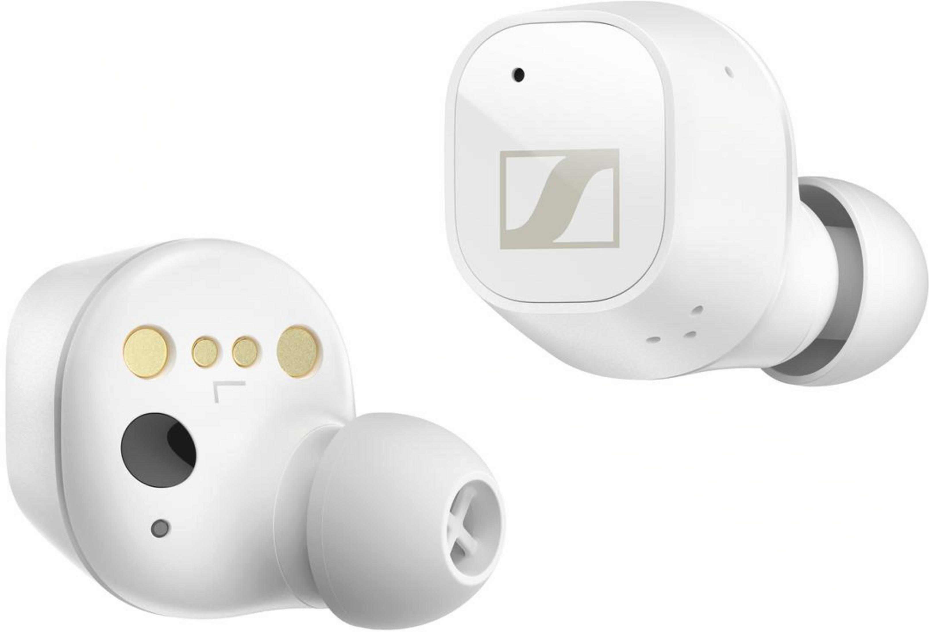 Zwei weiße Sennheiser Kopfhörer mit goldenen Akzenten und Logo.