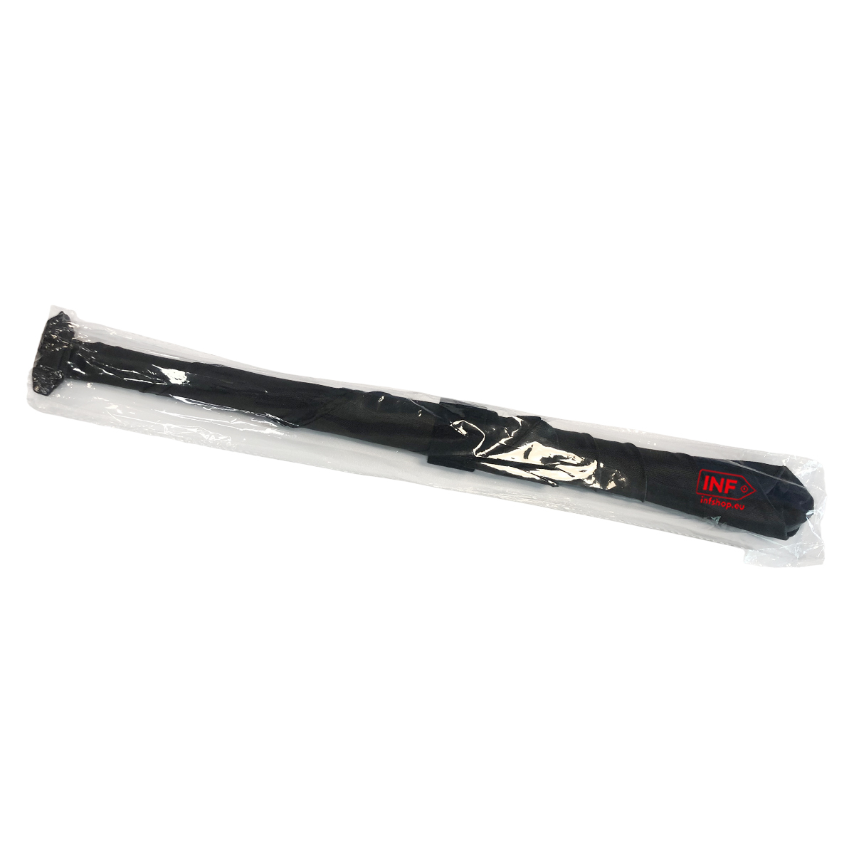 Czarny parasol w plastikowym etui z czerwonym logo.