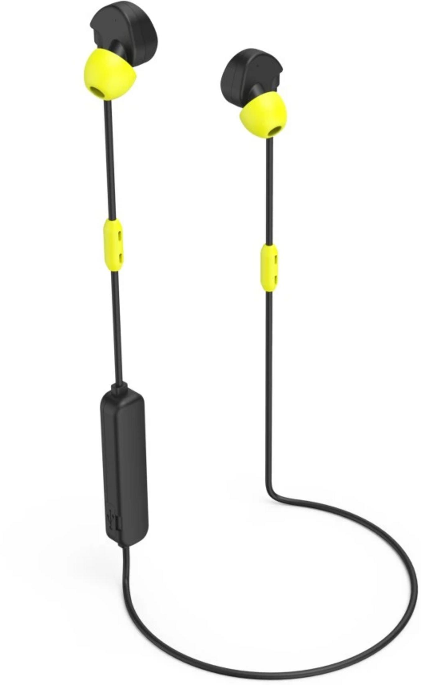 Czarne słuchawki z żółtymi wkładkami i czarnym przewodem.