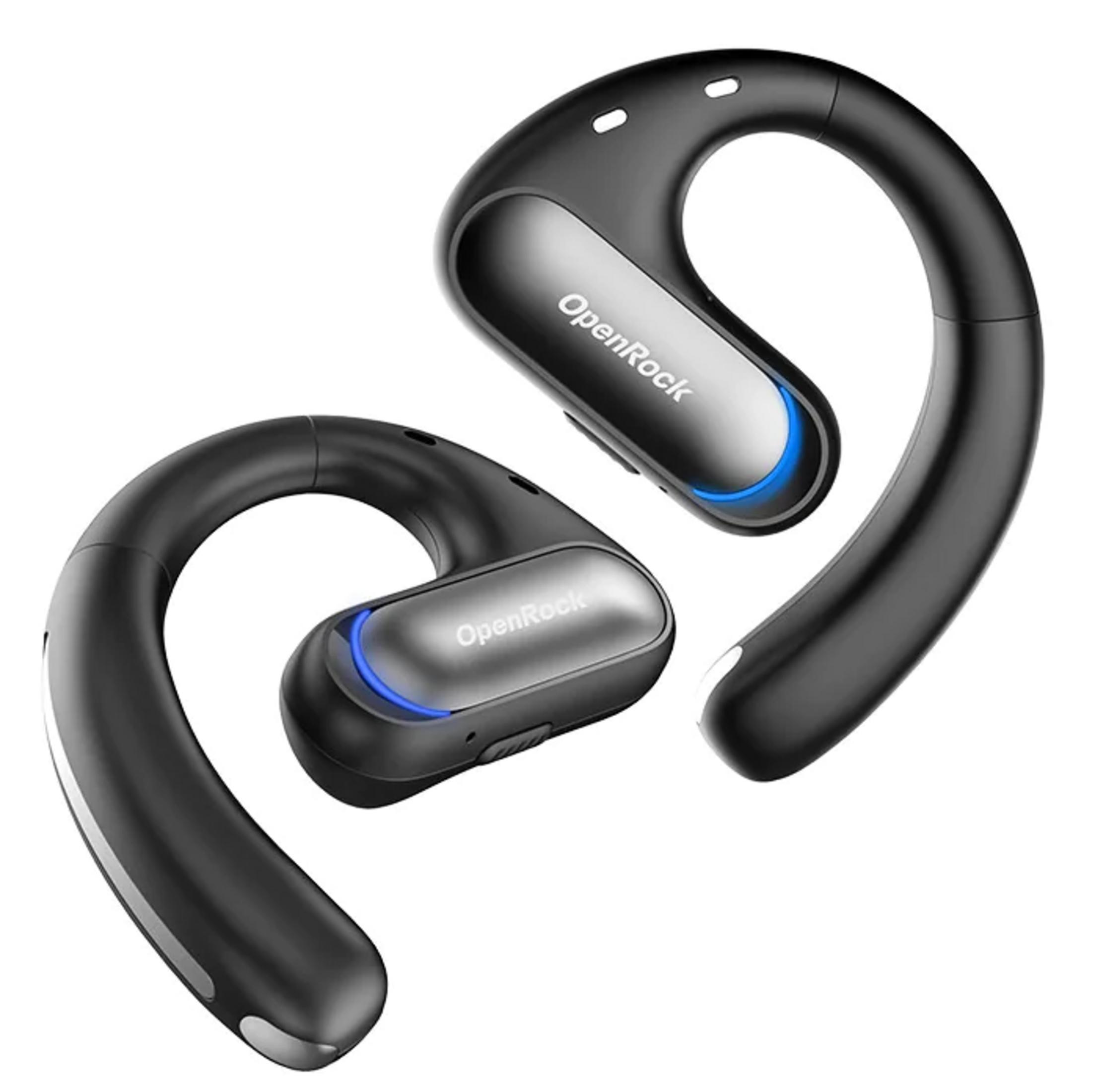 Due auricolari neri OpenRock con accenti di luce blu su sfondo bianco.