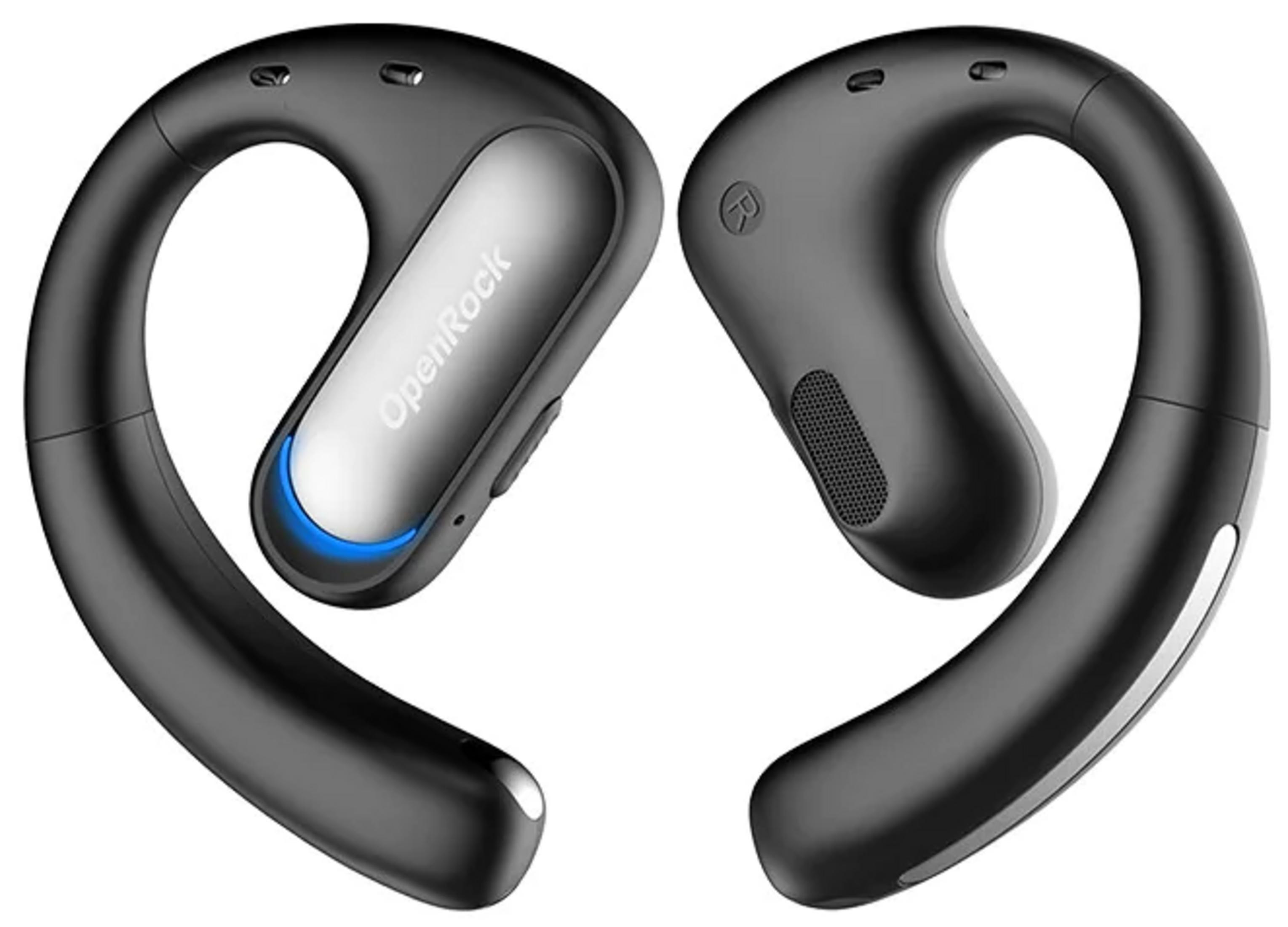 Due auricolari neri OpenRock con accenti argentati su sfondo bianco.