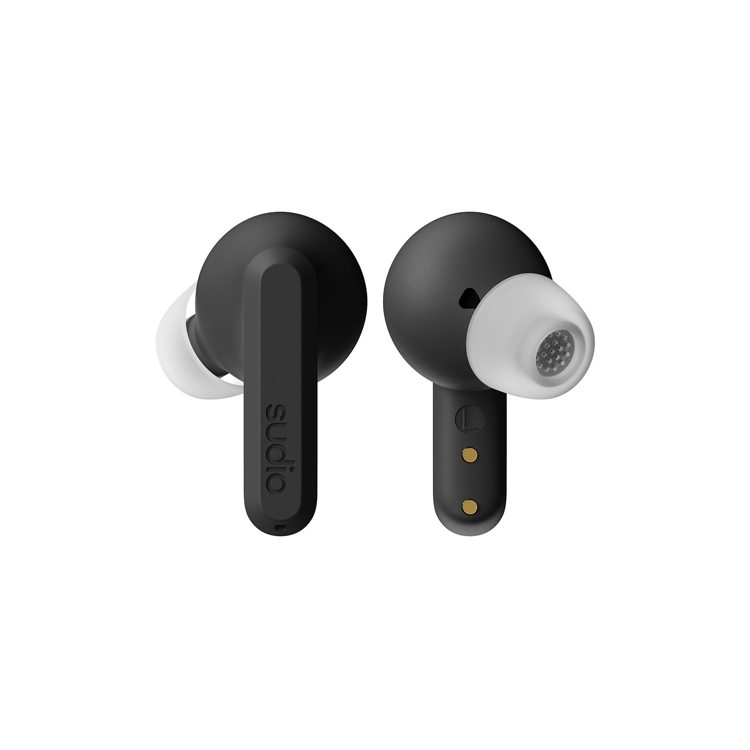 Due auricolari wireless neri con punte bianche sono affiancati.