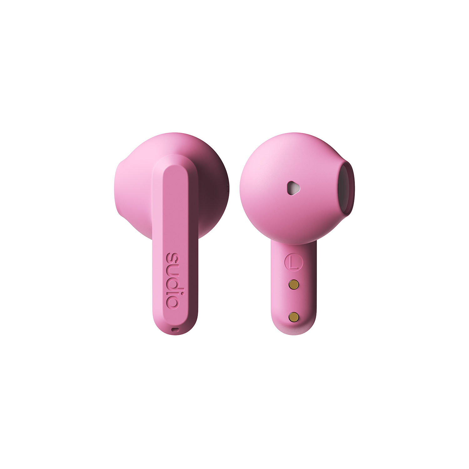Due auricolari wireless rosa, uno mostra il logo 'Sudio'.