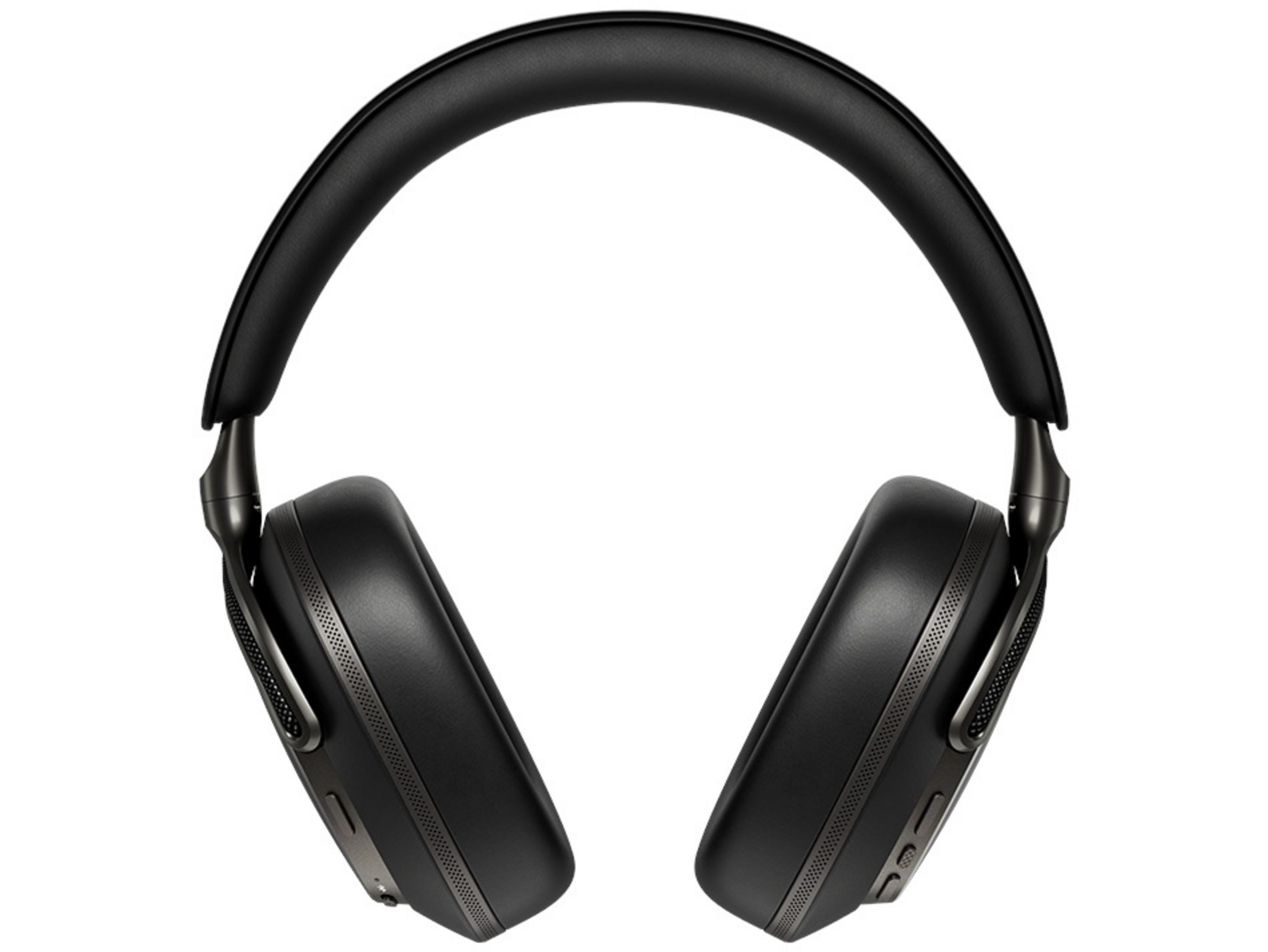 Czarne słuchawki nauszne z wyściełanym pałąkiem i metalicznymi detalami.