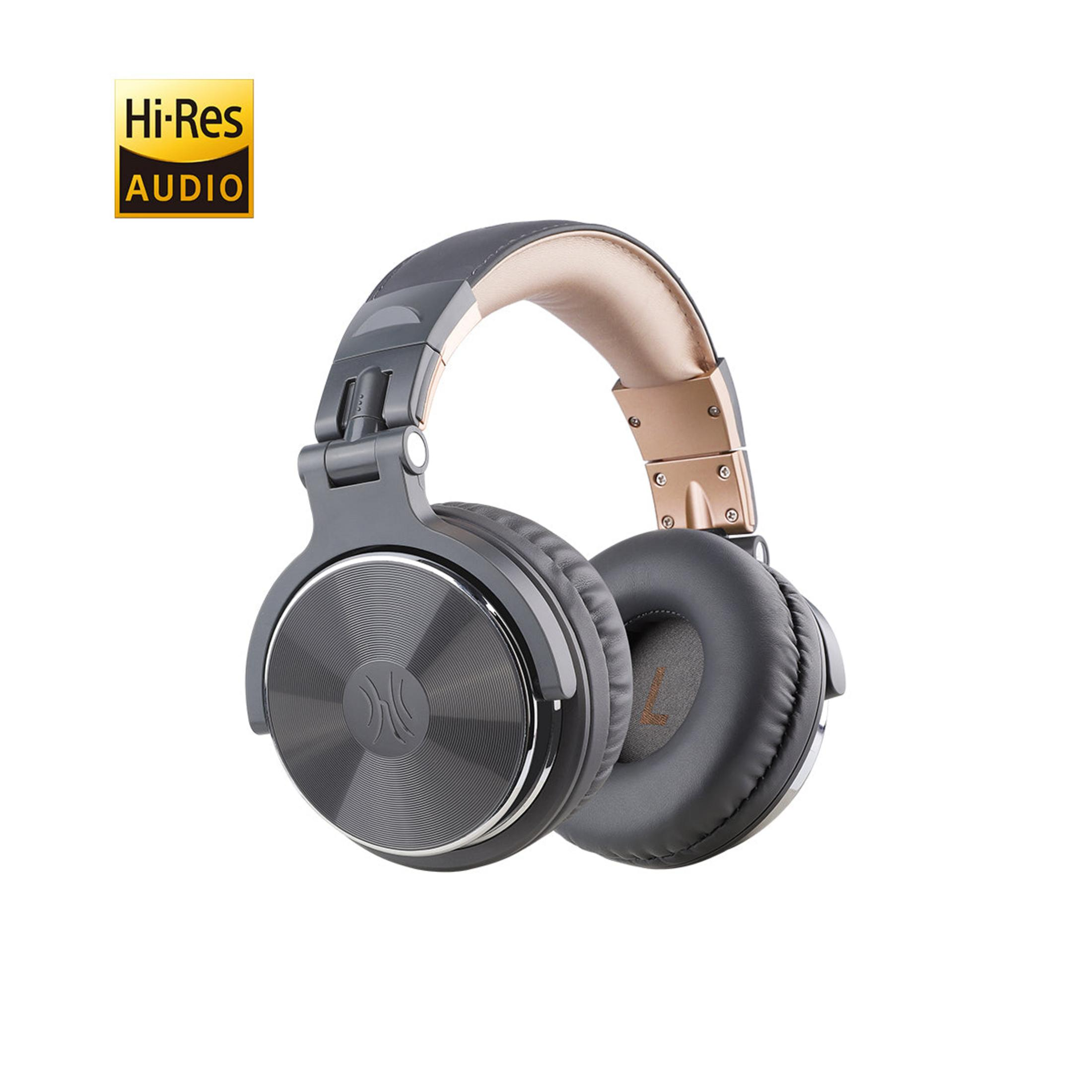 Cuffie grigie con accenti dorati e logo Hi-Res Audio.
