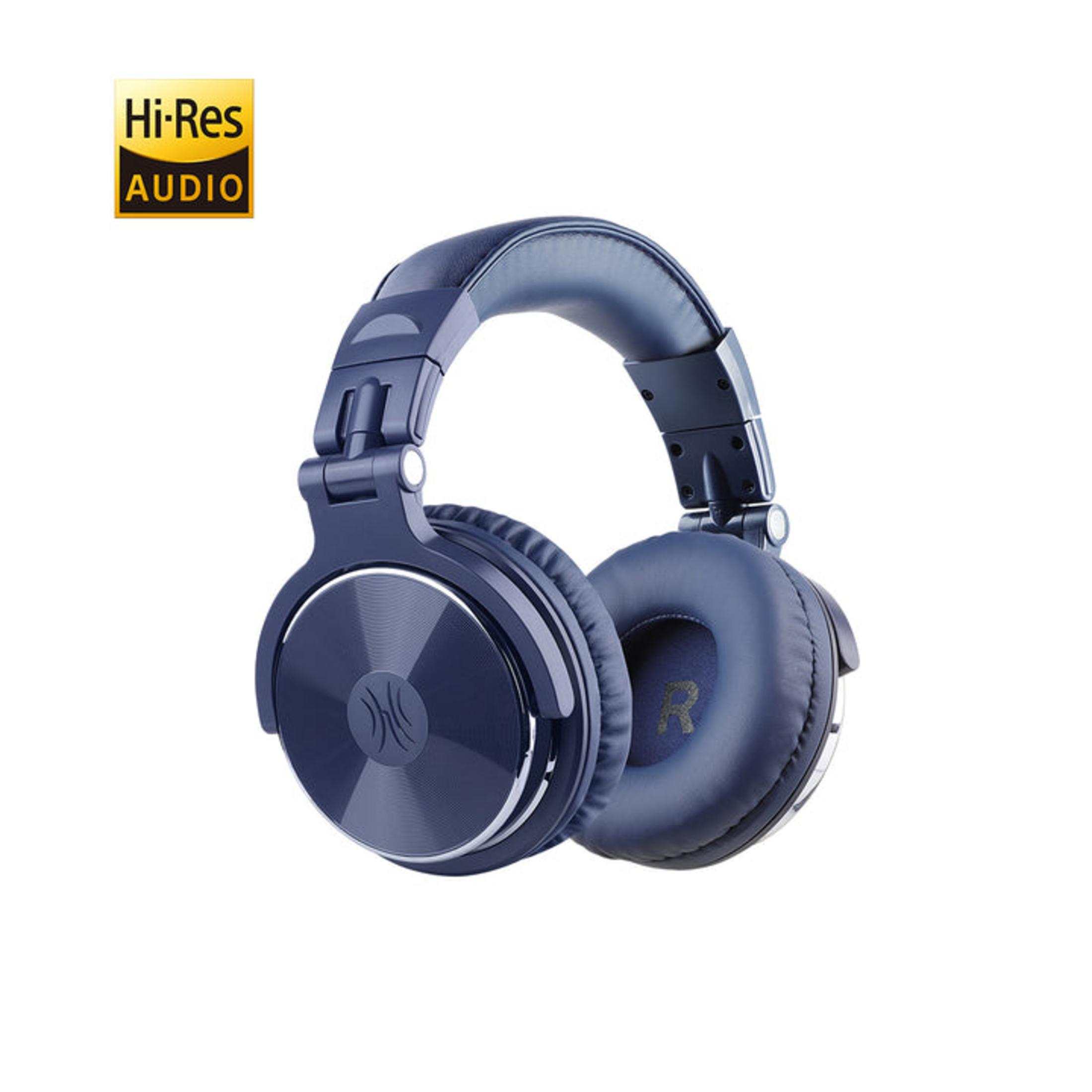 Cuffie blu scuro con logo Hi-Res Audio su sfondo bianco.