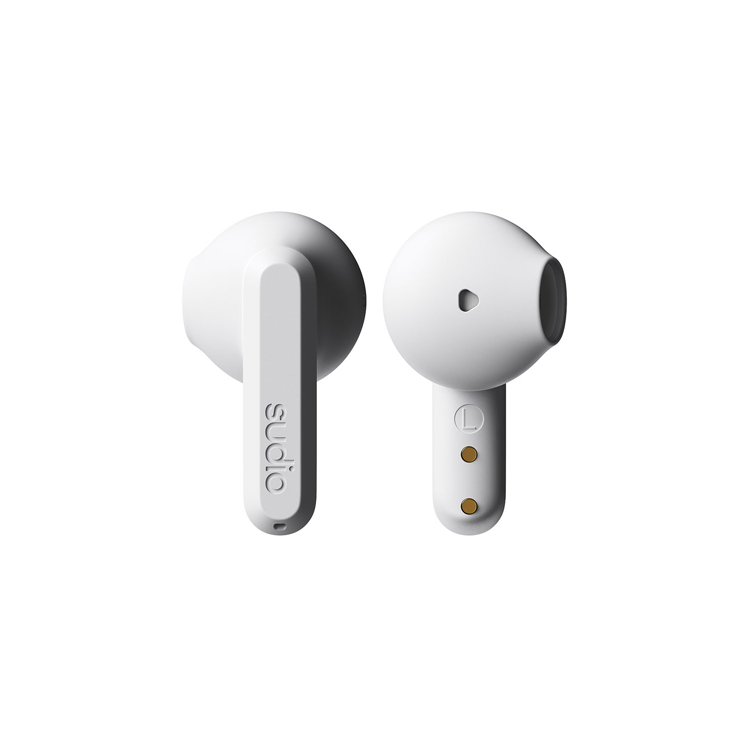 Due auricolari Sudio bianchi su sfondo bianco.