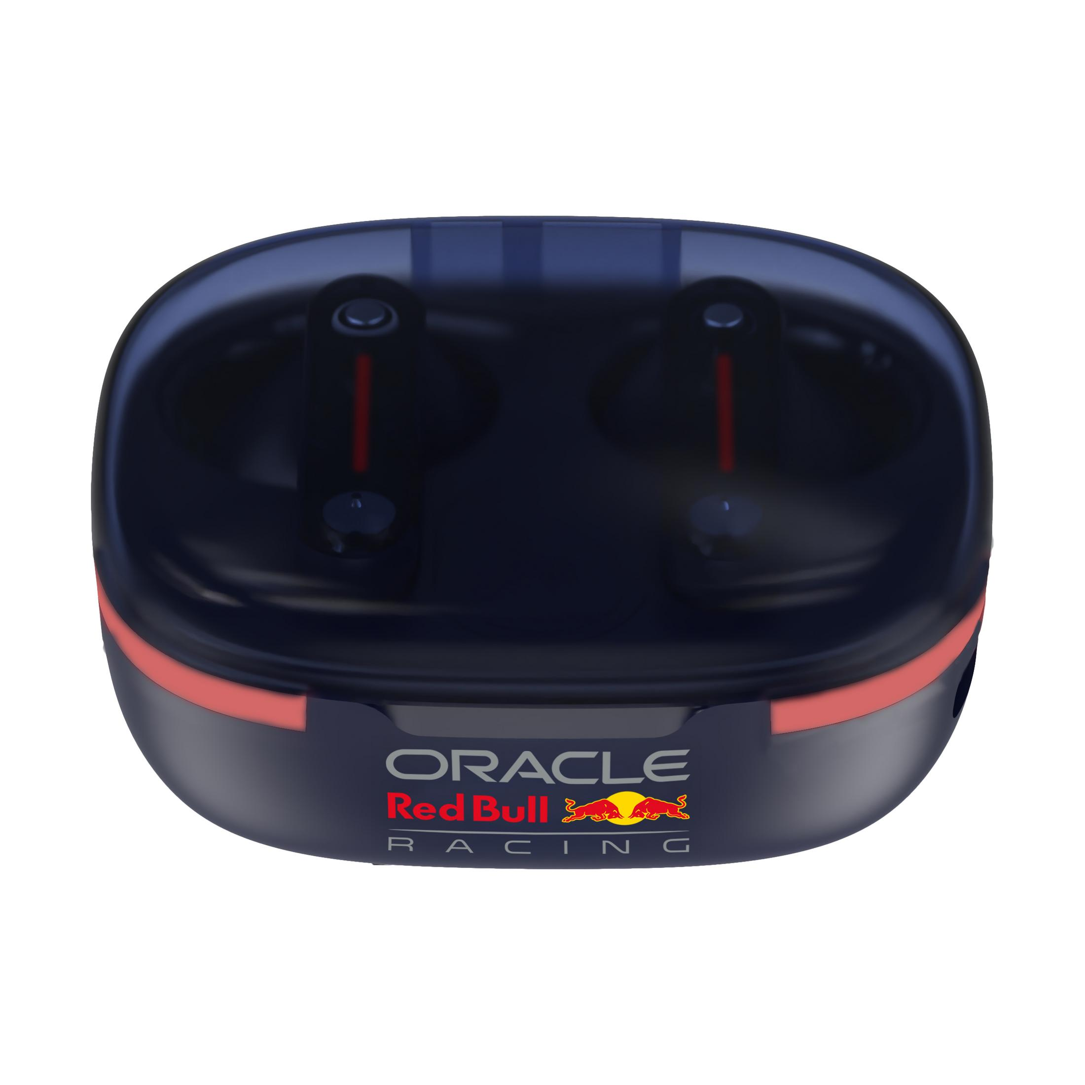 Dunkelblaue Kopfhörerhülle mit rotem Streifen und Red Bull Racing-Logo.