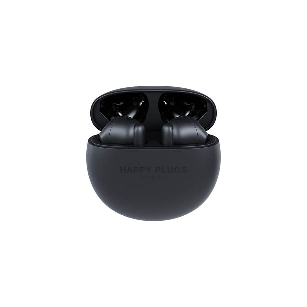 Schwarze kabellose Kopfhörer mit Ladecase, darauf steht Happy Plugs.