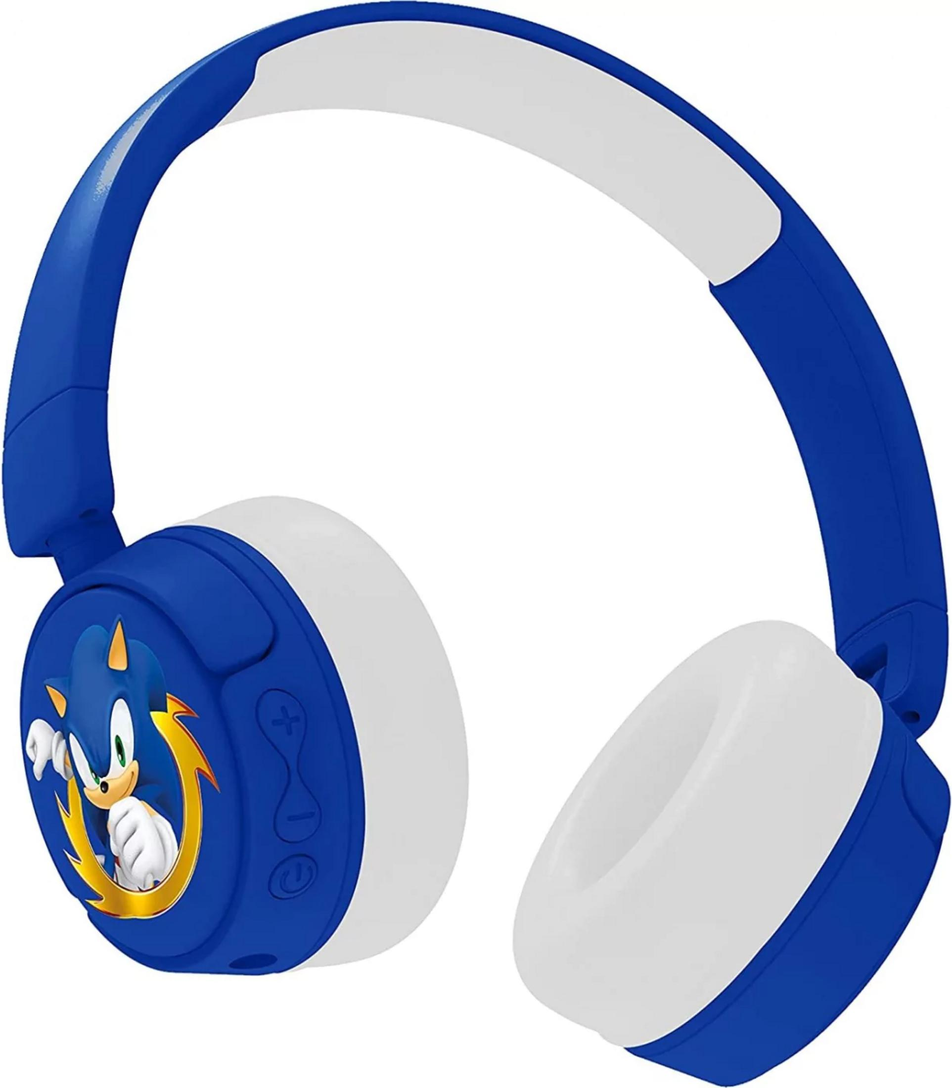Blaue Kopfhörer mit Sonic-Motiv und weißen Ohrmuscheln.