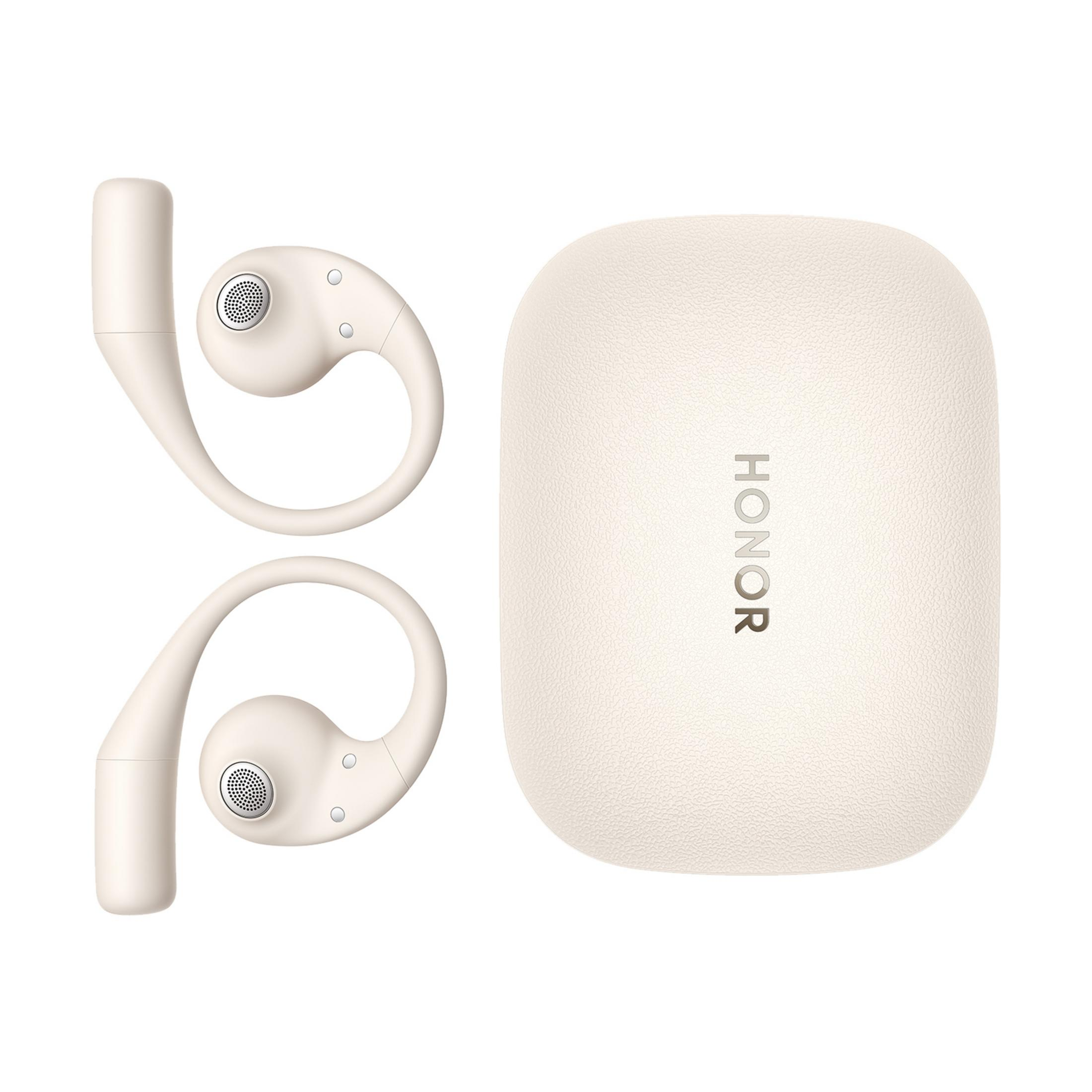 Auricolari Honor bianchi e custodia di ricarica su sfondo bianco.