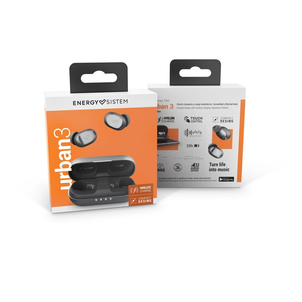 Embalaje de auriculares TWS Energy Sistem Urban 3 con estuche de carga.