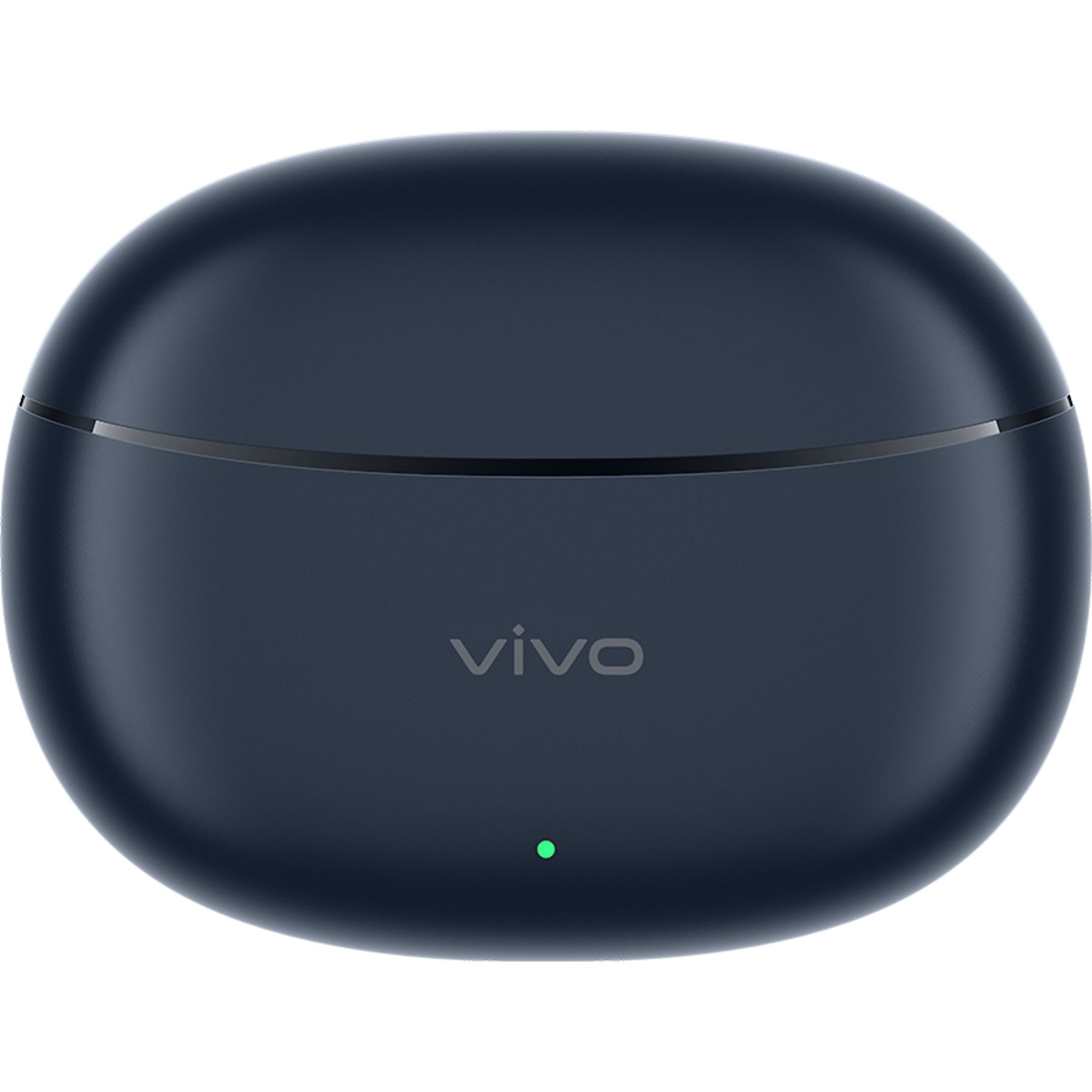 Dunkelblaue Vivo Ladehülle für Kopfhörer mit grünem Ladeindikator.