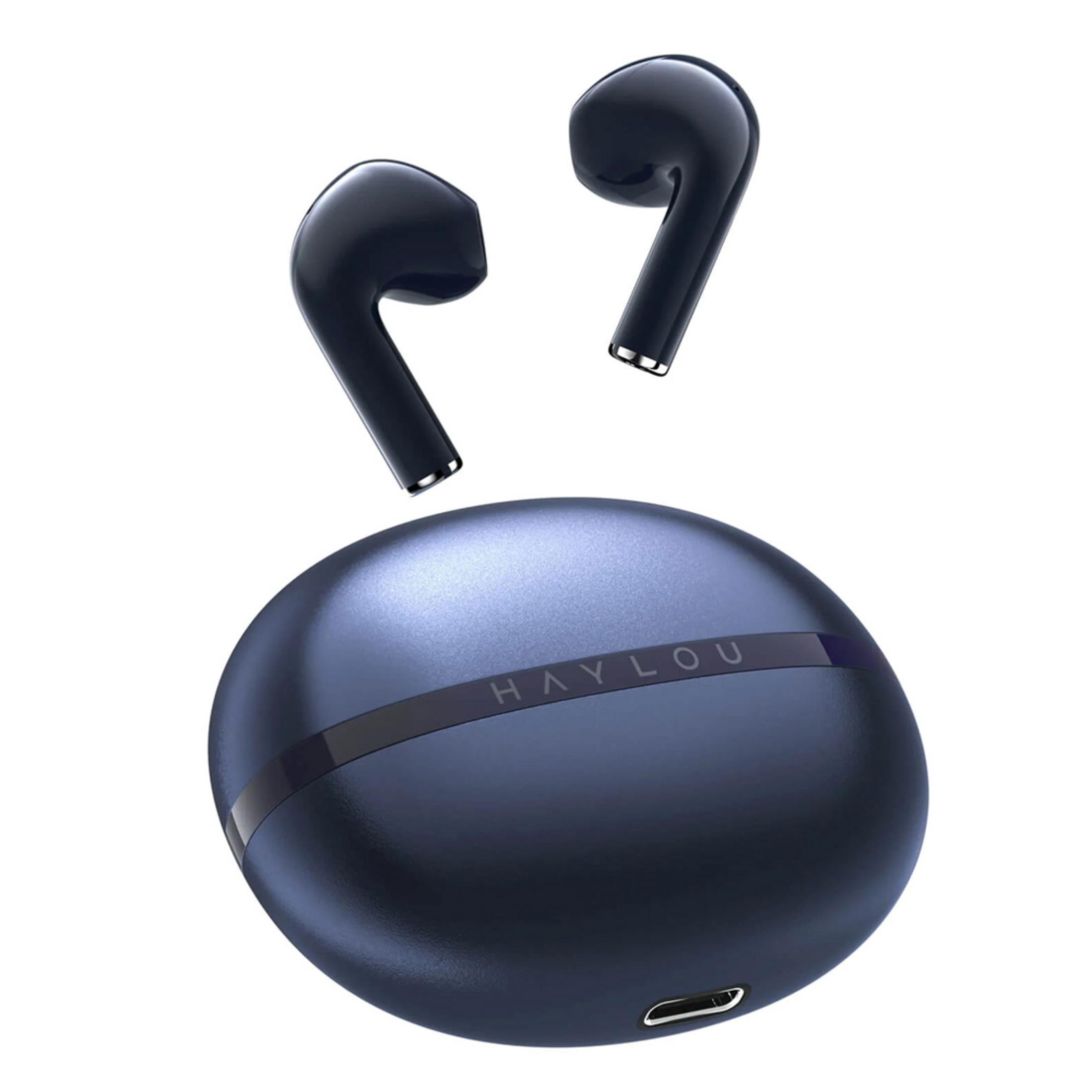 Auricolari wireless blu scuro con custodia di ricarica, logo Haylou.