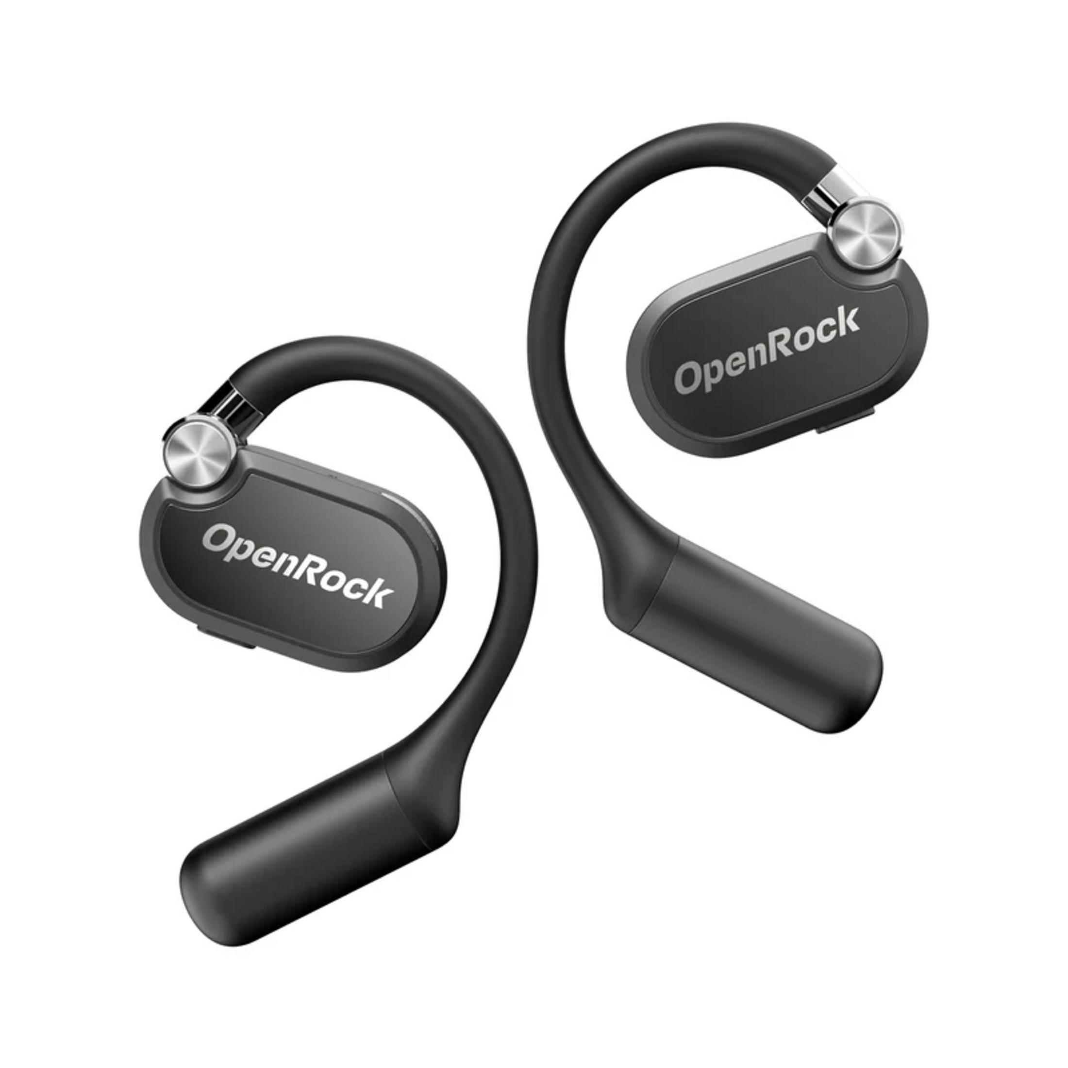 Zwarte OpenRock koptelefoons met oorhaken op witte achtergrond.
