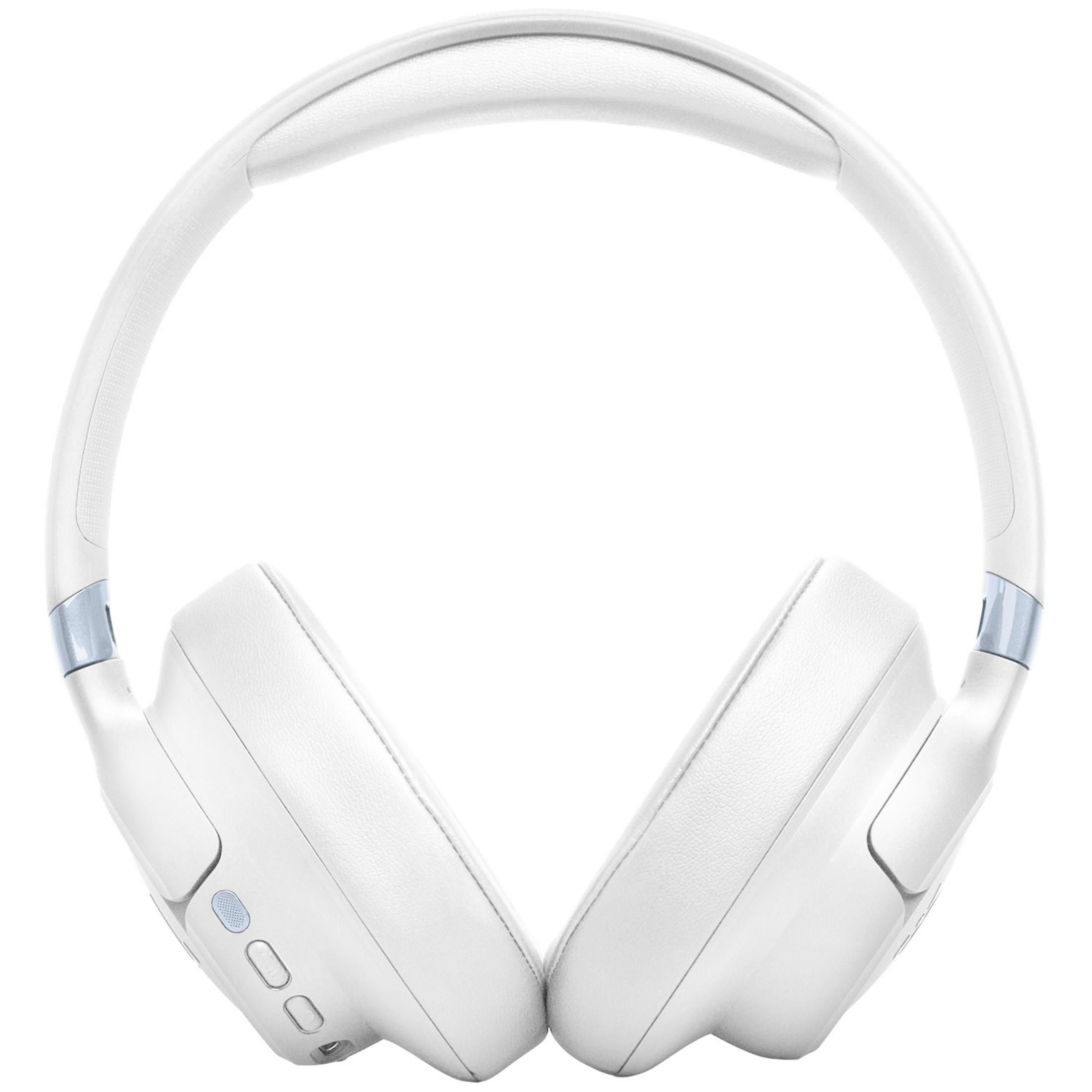 Cuffie bianche con accenti blu e controlli su sfondo bianco.