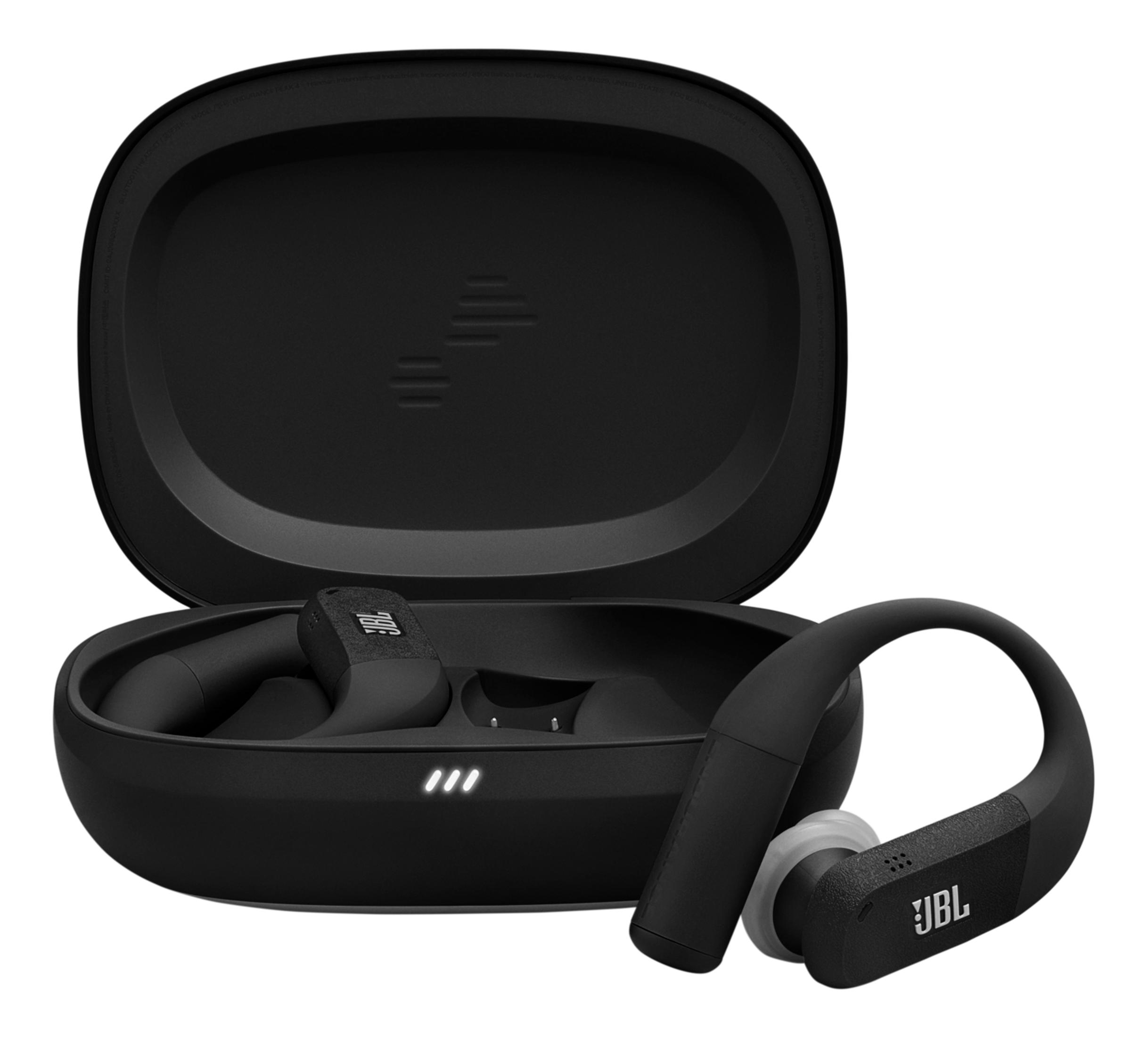 Czarne bezprzewodowe słuchawki JBL z etui ładującym i trzema białymi diodami.