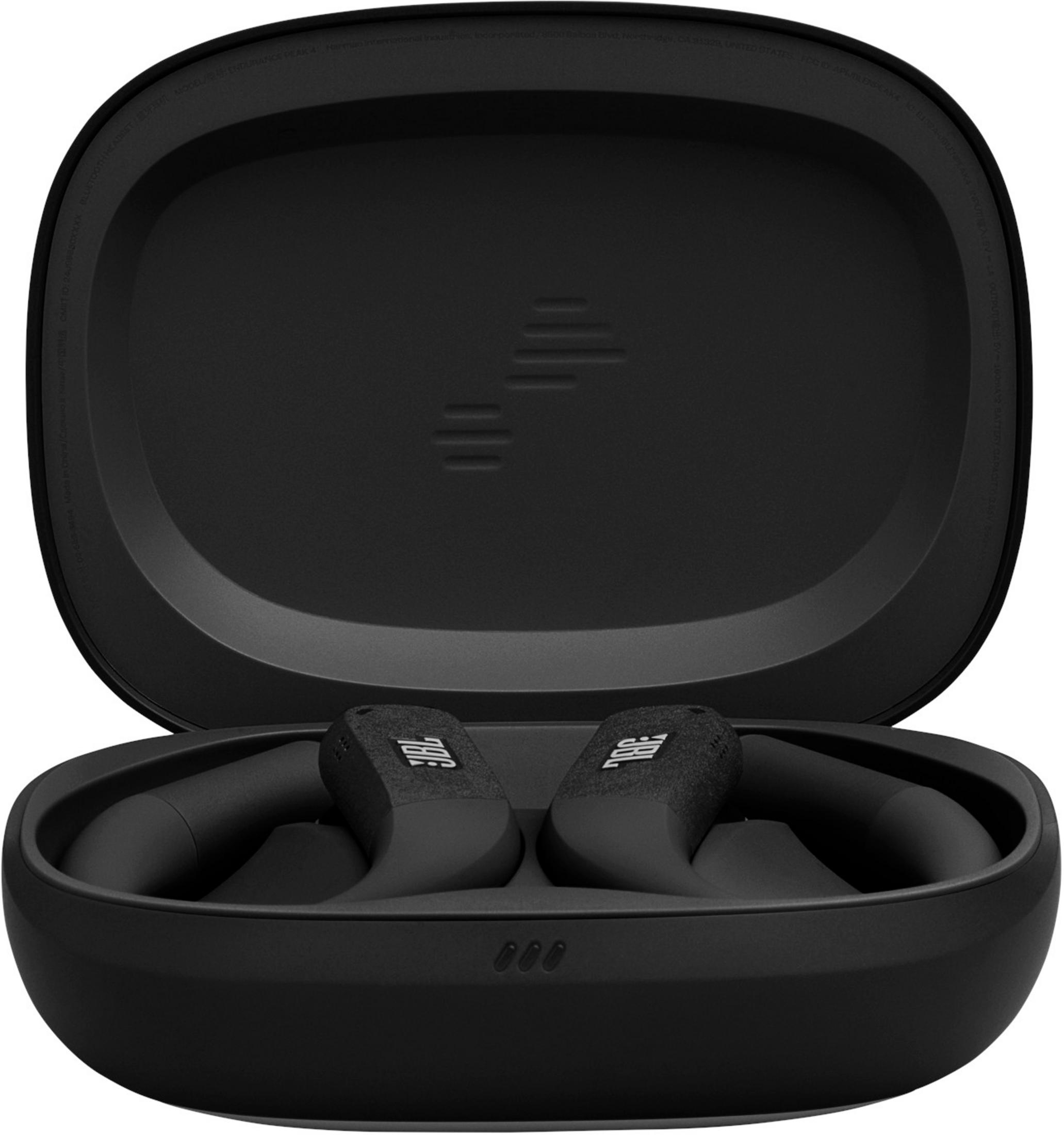 Czarne etui ładujące z dwoma otwartymi słuchawkami w środku.