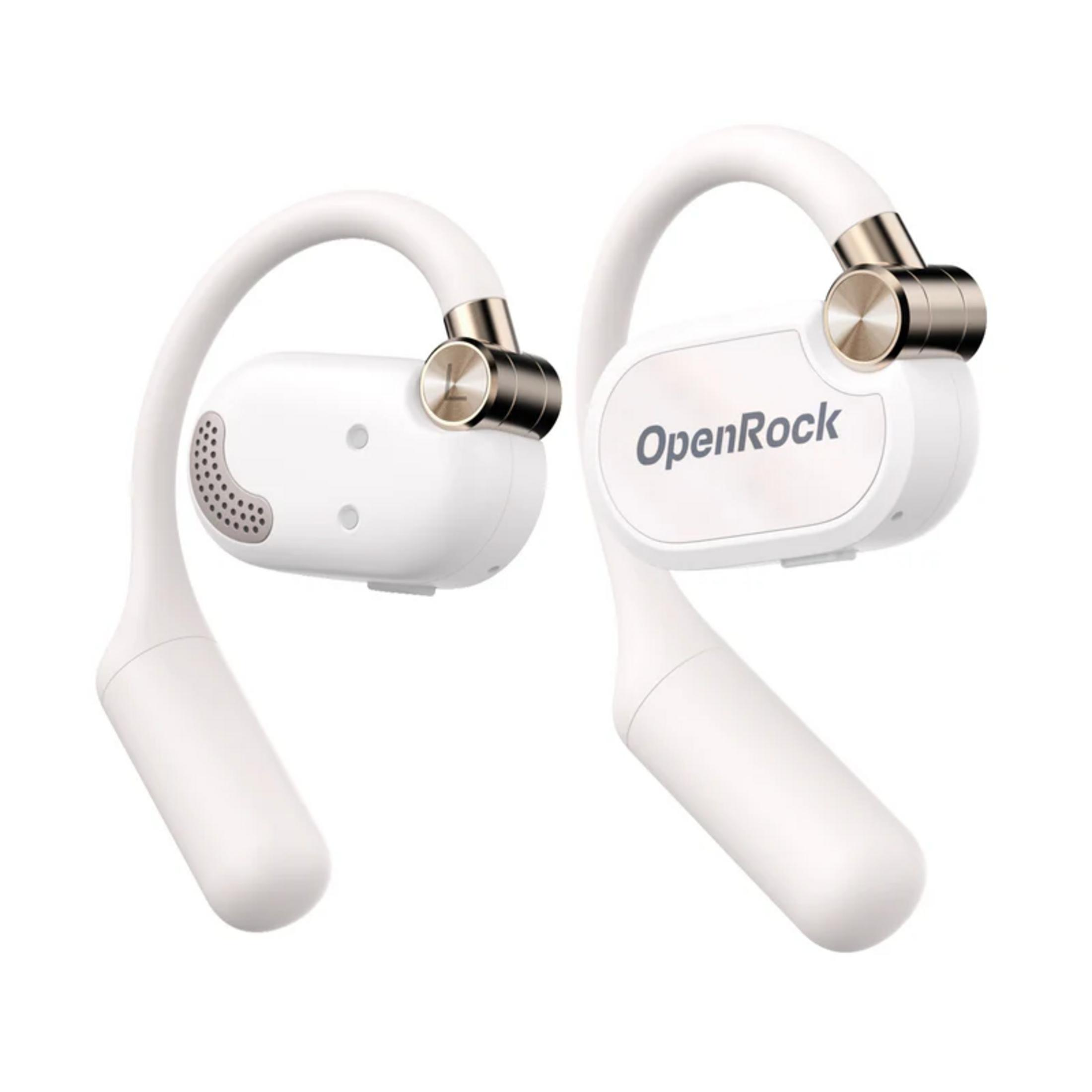 Two white OpenRock earphones with gold accents on a white background.