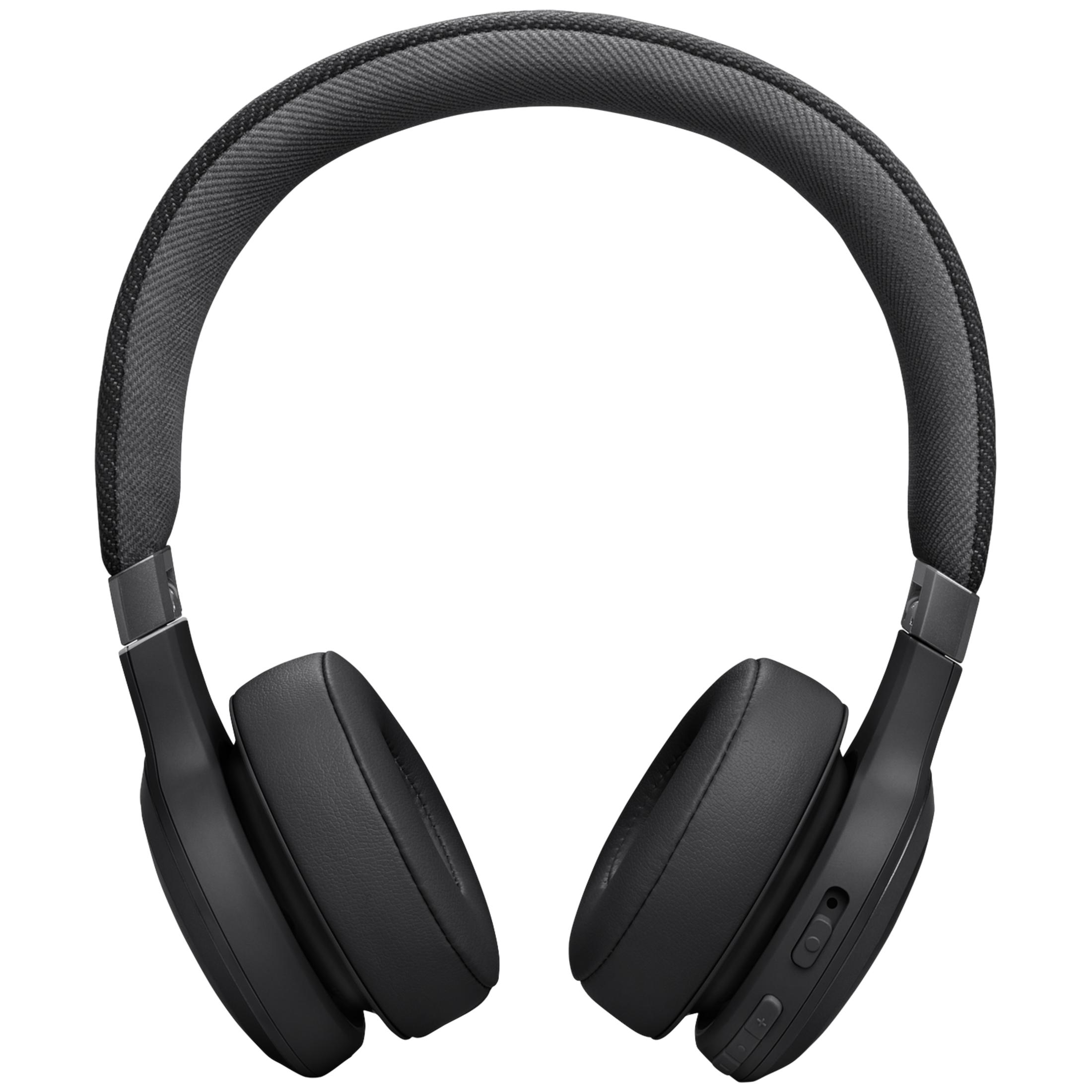 Casque noir avec arceau rembourré et écouteurs.