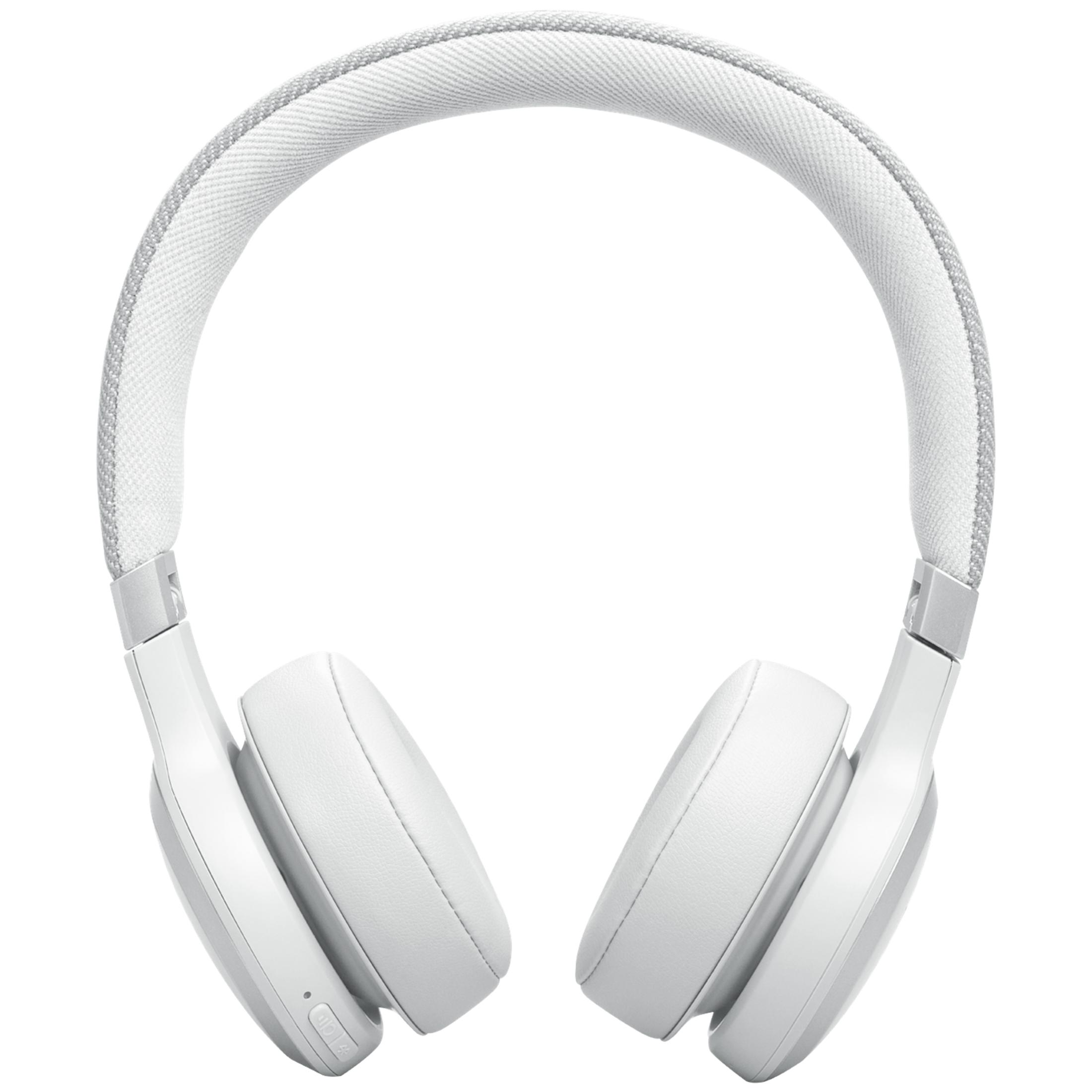 Casque blanc avec arceau rembourré et coussinets. Design épuré.