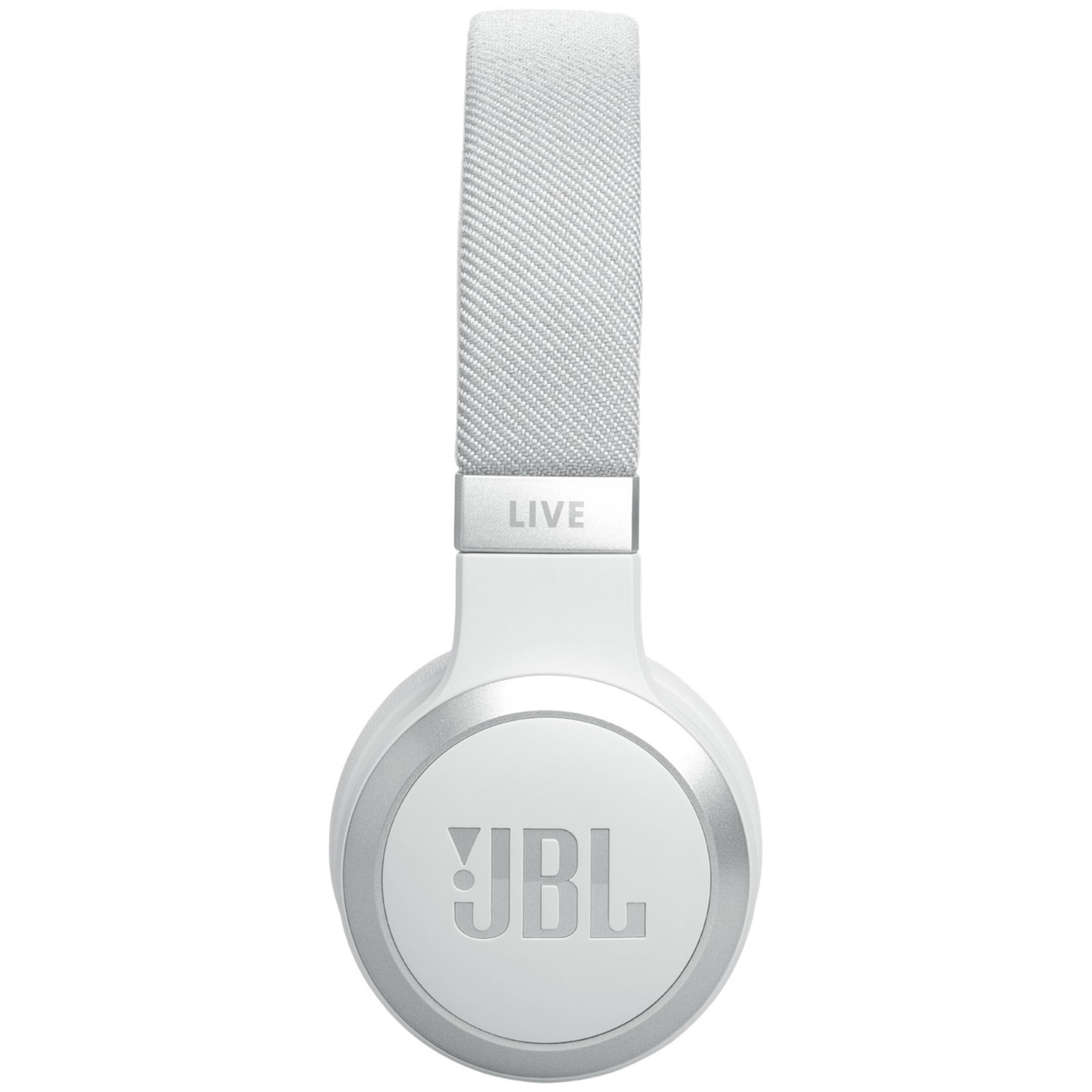 Casque JBL blanc avec accents argentés et bandeau en tissu.